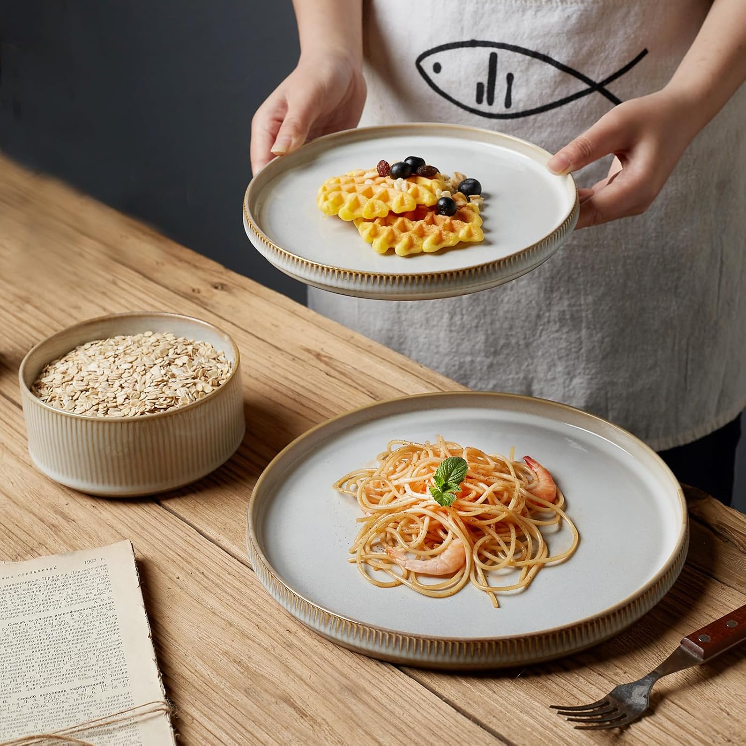 famiware Star Salad Plates for 6, 8 inches Plate Set, Stoneware Dinnerware, Small Dinner Plates for Dessert, Salad, Appetizer, Cappuccino White