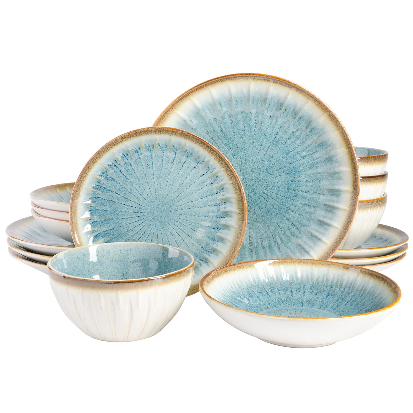 Gibson Elite Kings Road Double Plates and Bowl Organic Round Porcelain Dinnerware Set - Matte Black w/Gold Rim