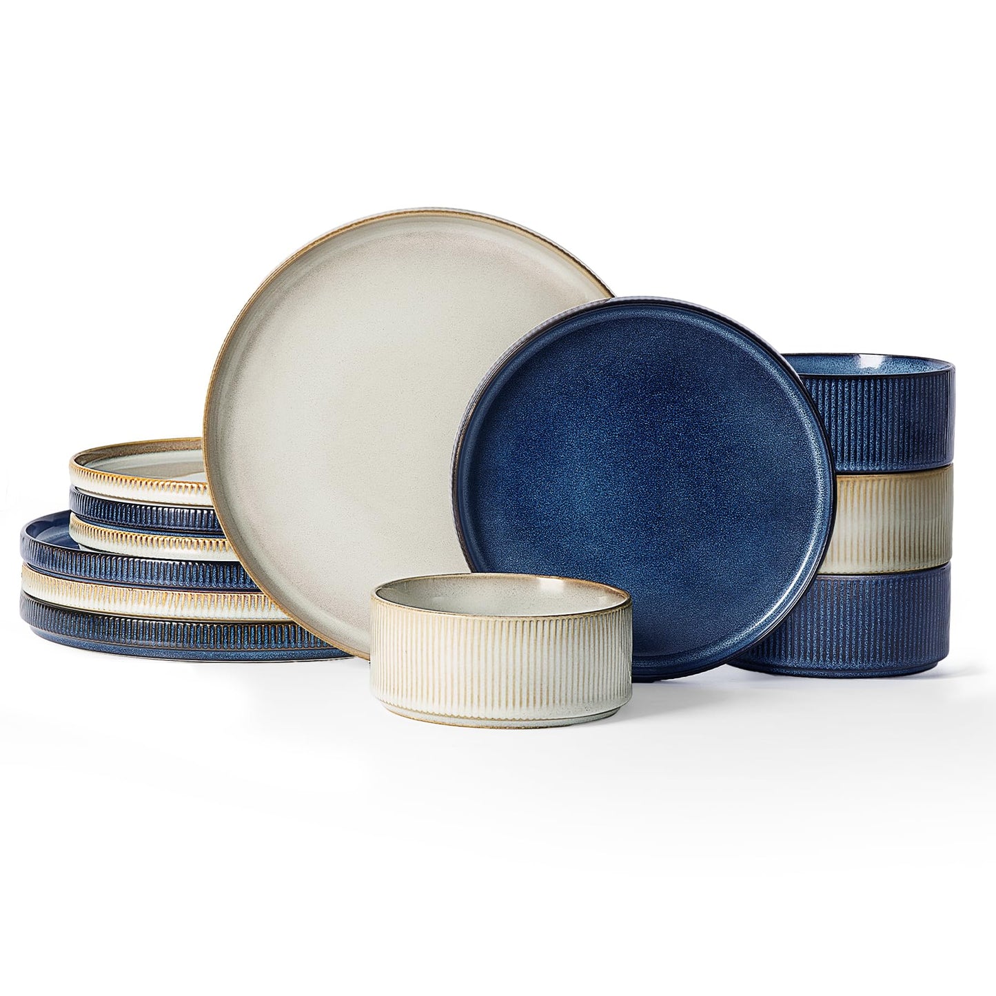 Famiware Star Dinnerware Sets, Plates and Bowls Set for 4, 12 Pieces Ribbed Dishes - Chip and Scratch Resistant, Microwave and Dishwasher Safe Tableware, Smoky Blue
