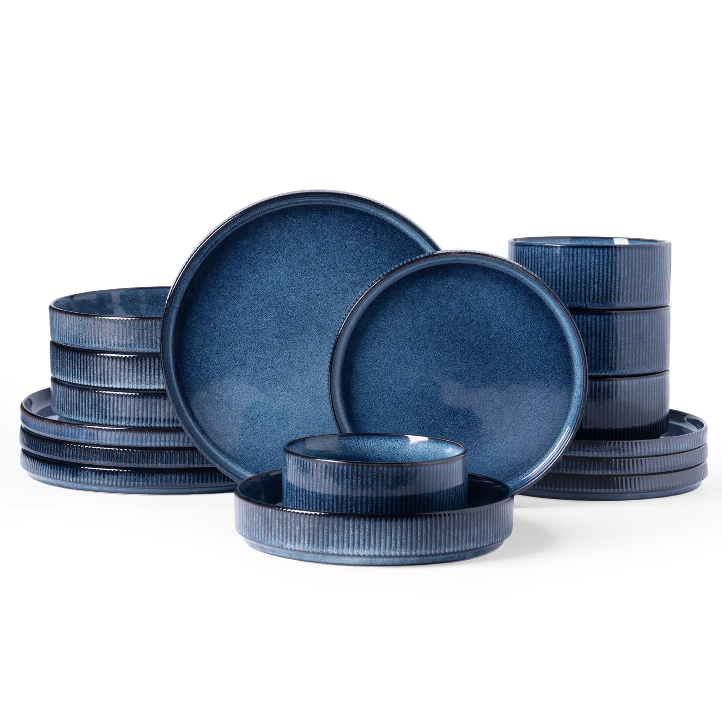 Famiware Star Dinnerware Sets, Plates and Bowls Set for 4, 12 Pieces Ribbed Dishes - Chip and Scratch Resistant, Microwave and Dishwasher Safe Tableware, Smoky Blue