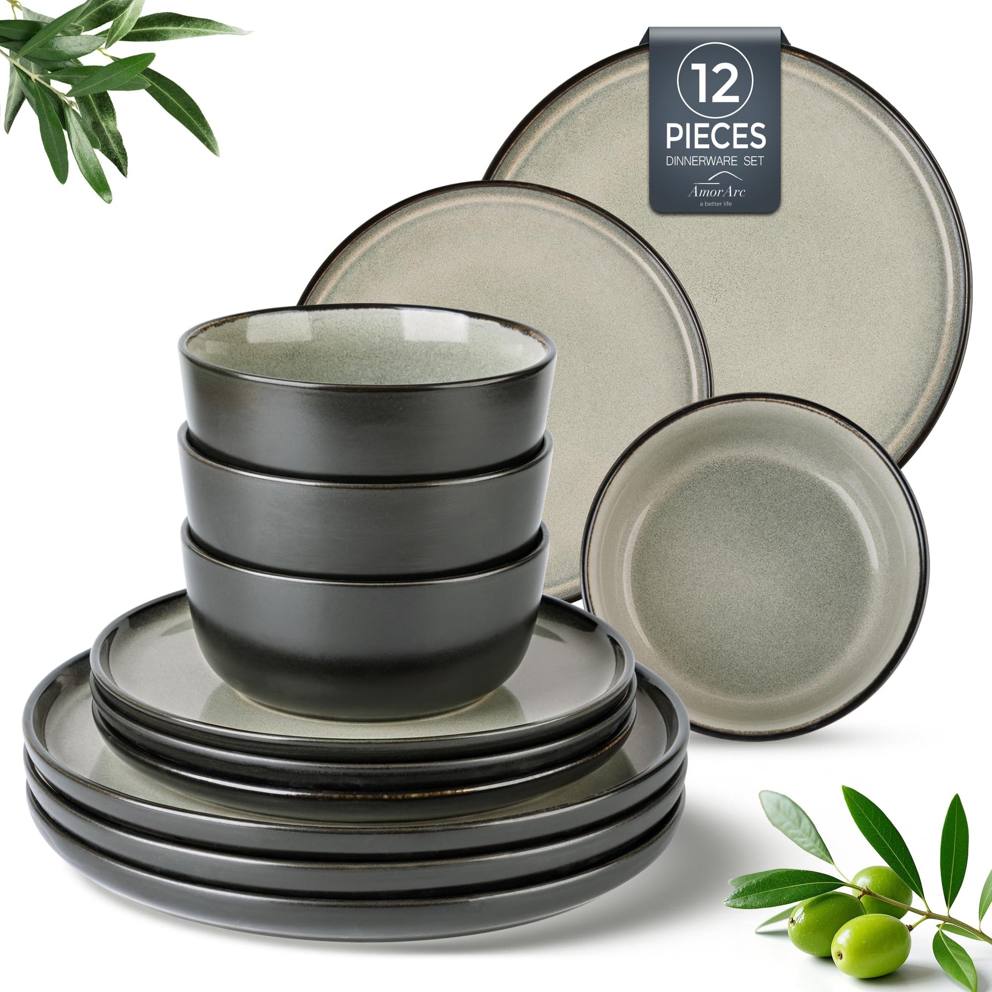AmorArc Stoneware Dinnerware Sets,Round Reactive Glaze Ceramic Plates and Bowls Set,Highly Chip and Crack Resistant | Dishwasher & Microwave Safe Dishes,Service for 4 (12pc)