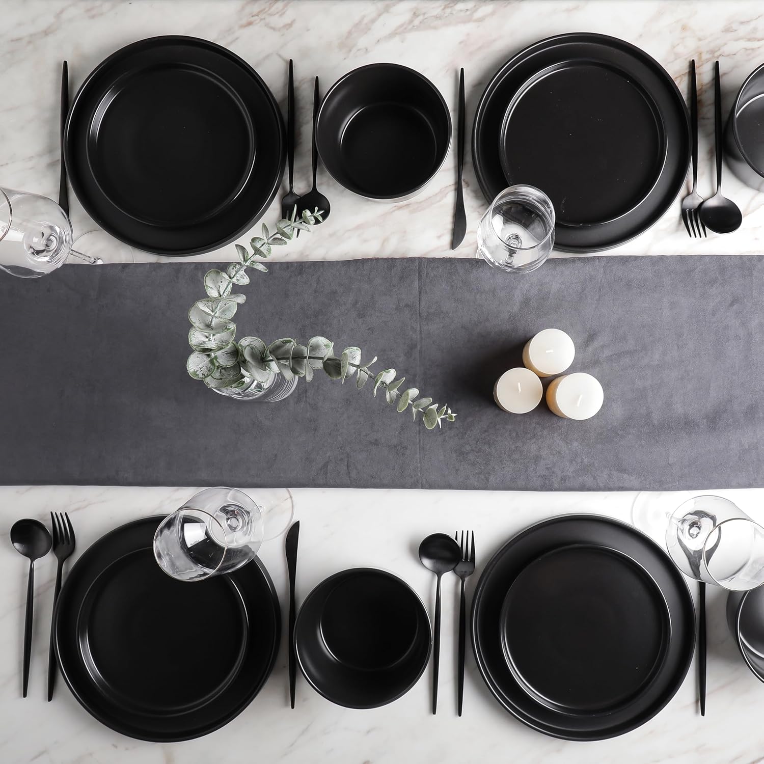 Stone Lain Celina Stoneware 16 Piece Dinnerware Set, Plates and Bowls, Black Matte Dish, Service for 4 – Minimalist Round Style, Microwave & Dishwasher Safe