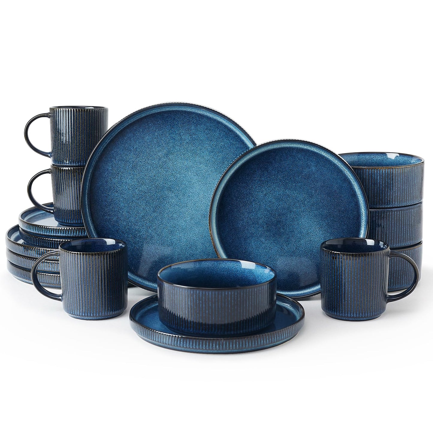 Famiware Star Dinnerware Sets, Plates and Bowls Set for 4, 12 Pieces Ribbed Dishes - Chip and Scratch Resistant, Microwave and Dishwasher Safe Tableware, Smoky Blue