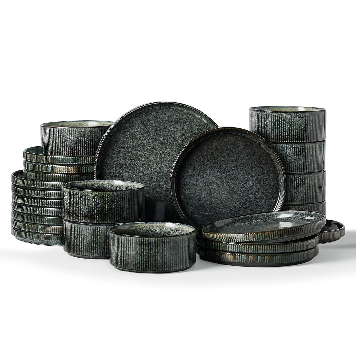 Famiware Star Dinnerware Sets, Plates and Bowls Set for 4, 12 Pieces Ribbed Dishes - Chip and Scratch Resistant, Microwave and Dishwasher Safe Tableware, Smoky Blue