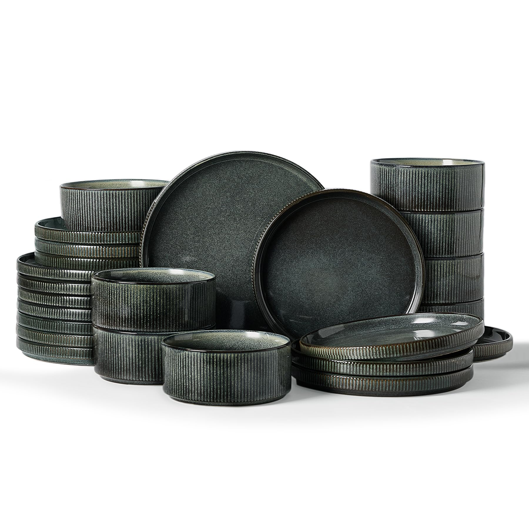 Famiware Star Dinnerware Sets, Plates and Bowls Set for 4, 12 Pieces Ribbed Dishes - Chip and Scratch Resistant, Microwave and Dishwasher Safe Tableware, Smoky Blue