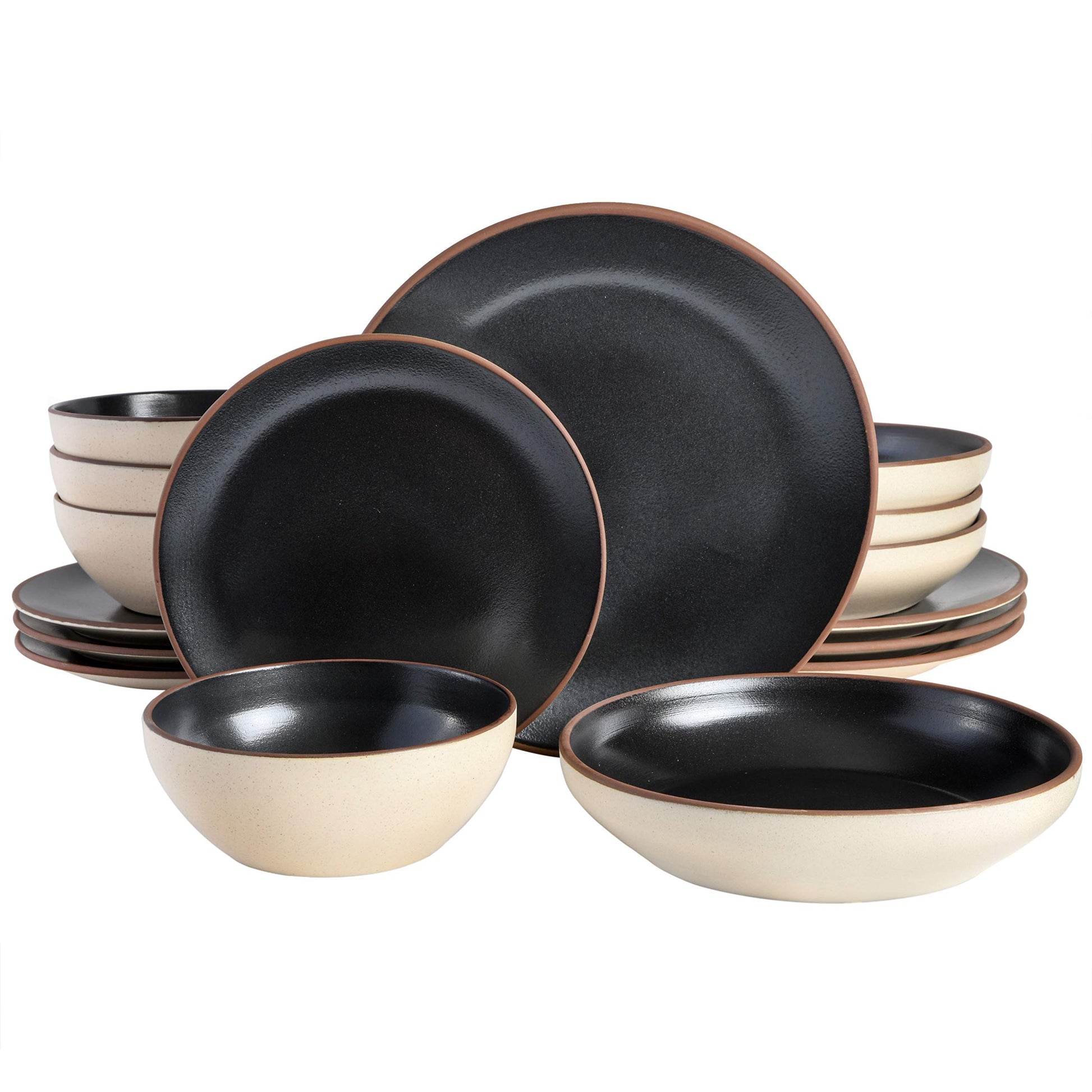 Gibson Elite Kings Road Double Plates and Bowl Organic Round Porcelain Dinnerware Set - Matte Black w/Gold Rim
