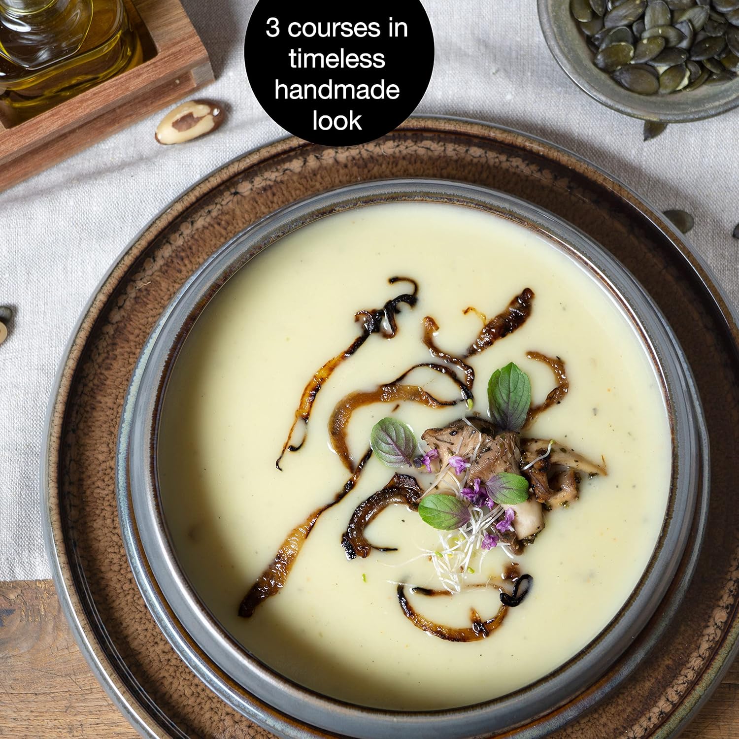 Solid 12-Piece Stoneware Dinnerware Set for 4 | Plate and Bowls Set with 4 Dinner Plates, Small Dessert Plates & Soup Bowls – Kitchen Dish Sets, Microwave & Dishwasher Safe, Brown