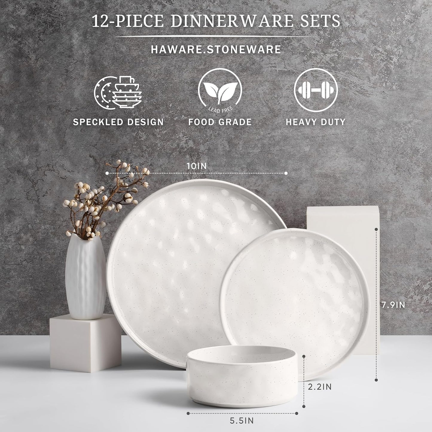 HaWare Dinnerware Sets, 12-Piece Plates and Bowls Set, Stoneware Dish Set for 4, Ceramic Dinnerware for Home Restaurant, Chip and Scratch Resistant, Microwave and Dishwasher Safe, Speckled White