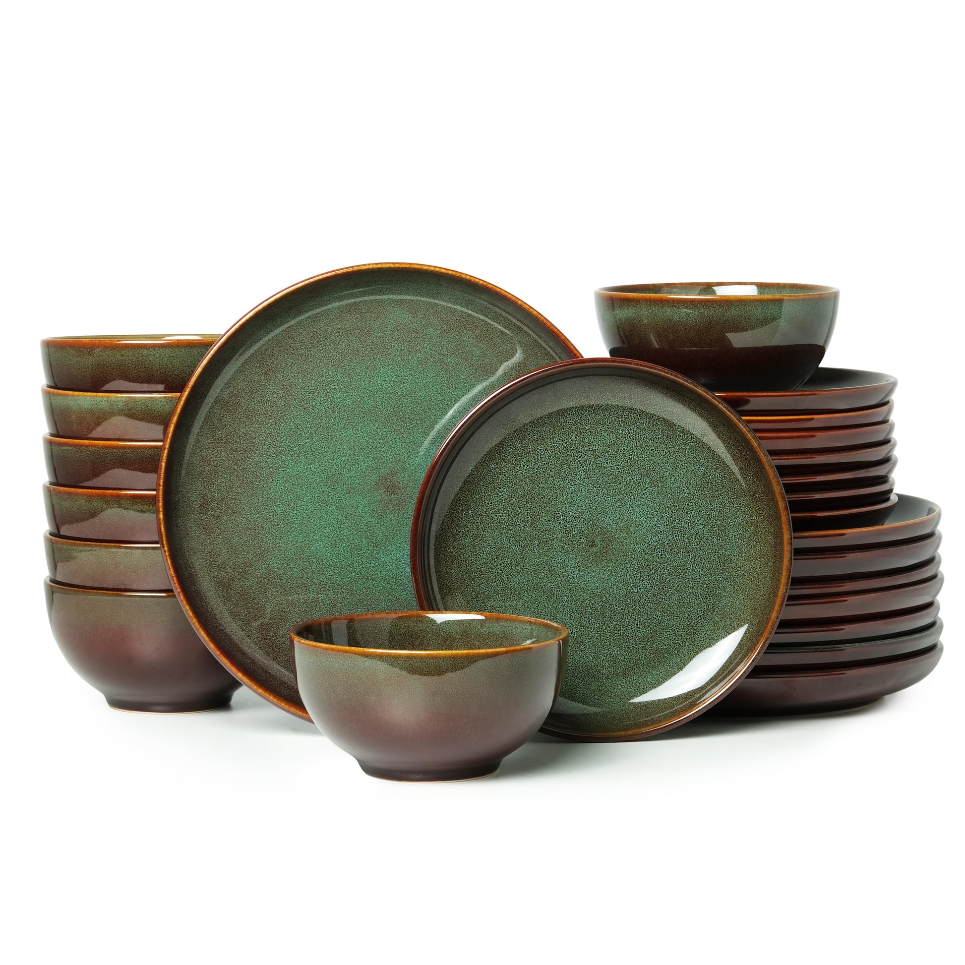 Stoneware Dinnerware Sets Service for 4, 12 pcs Reactive Glaze Plates and Bowls Sets, Handmade Ceramic Dish Set, Highly Chip and Crack Resistant Modern Plate Set, Brown Green