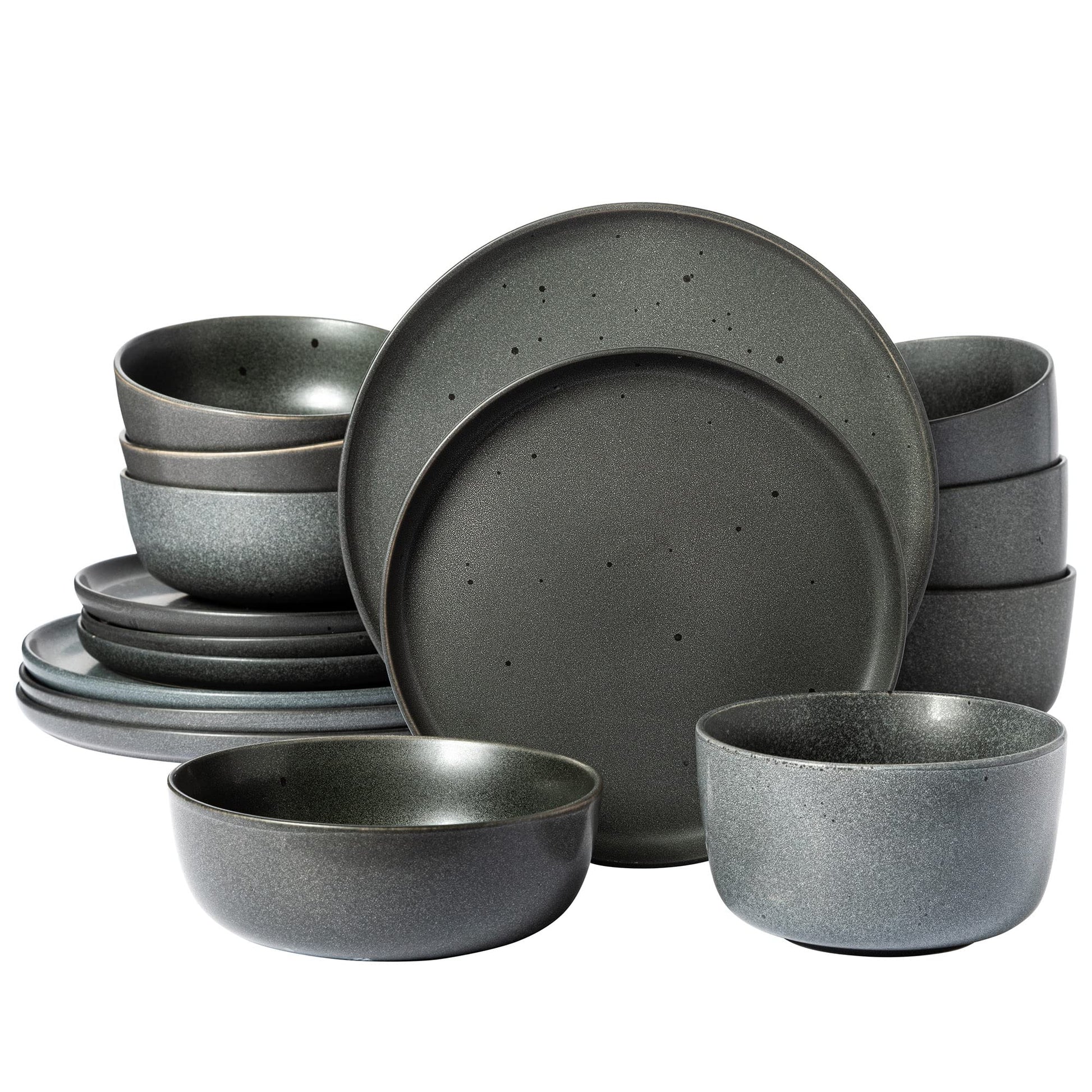 Gibson Elite Kings Road Double Plates and Bowl Organic Round Porcelain Dinnerware Set - Matte Black w/Gold Rim