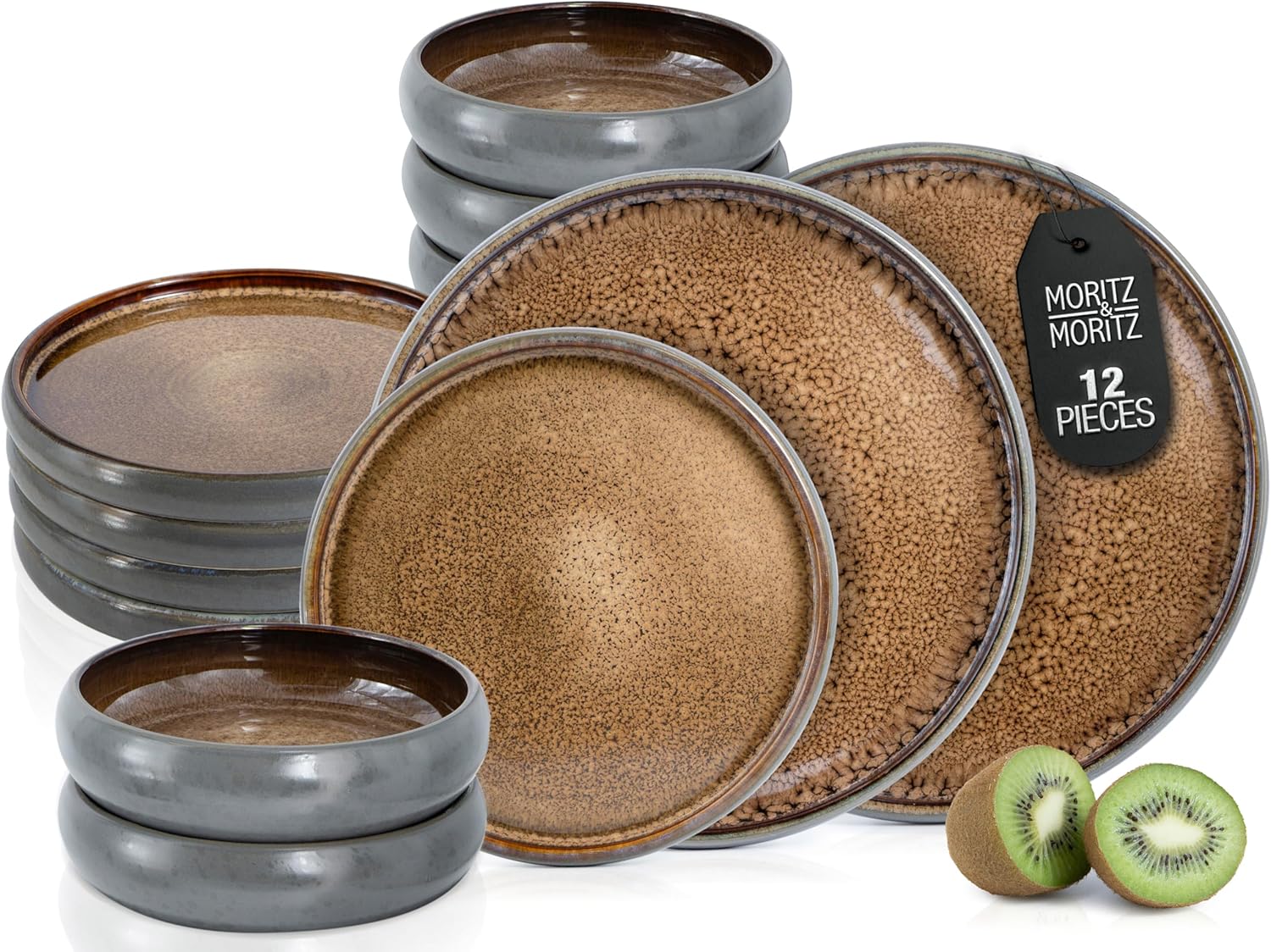 Solid 12-Piece Stoneware Dinnerware Set for 4 | Plate and Bowls Set with 4 Dinner Plates, Small Dessert Plates & Soup Bowls – Kitchen Dish Sets, Microwave & Dishwasher Safe, Brown