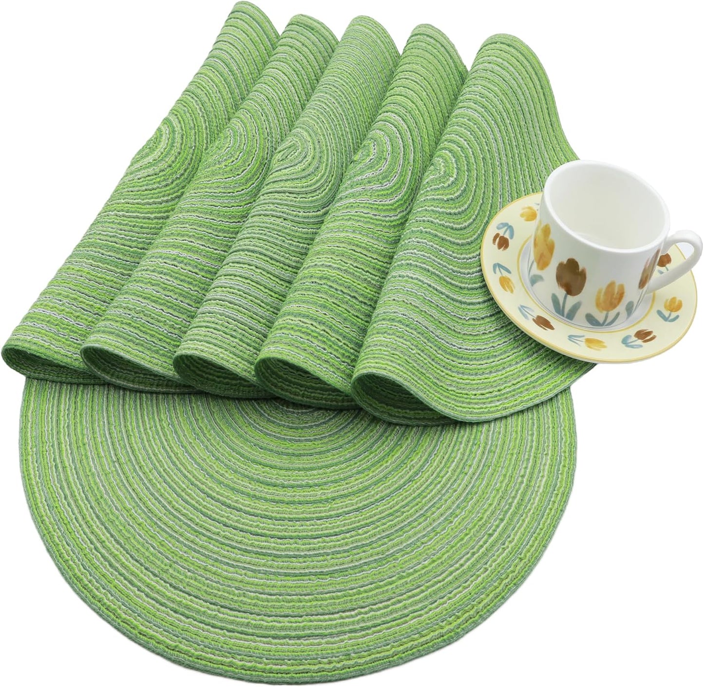 Braided Round Placemats Set of 6, Woven Washable Non-Slip Table Mats for Kitchen Dining, 15 Inch, Heat Resistant - Natural Fabric Indoor Outdoor Place Mats(Beige)