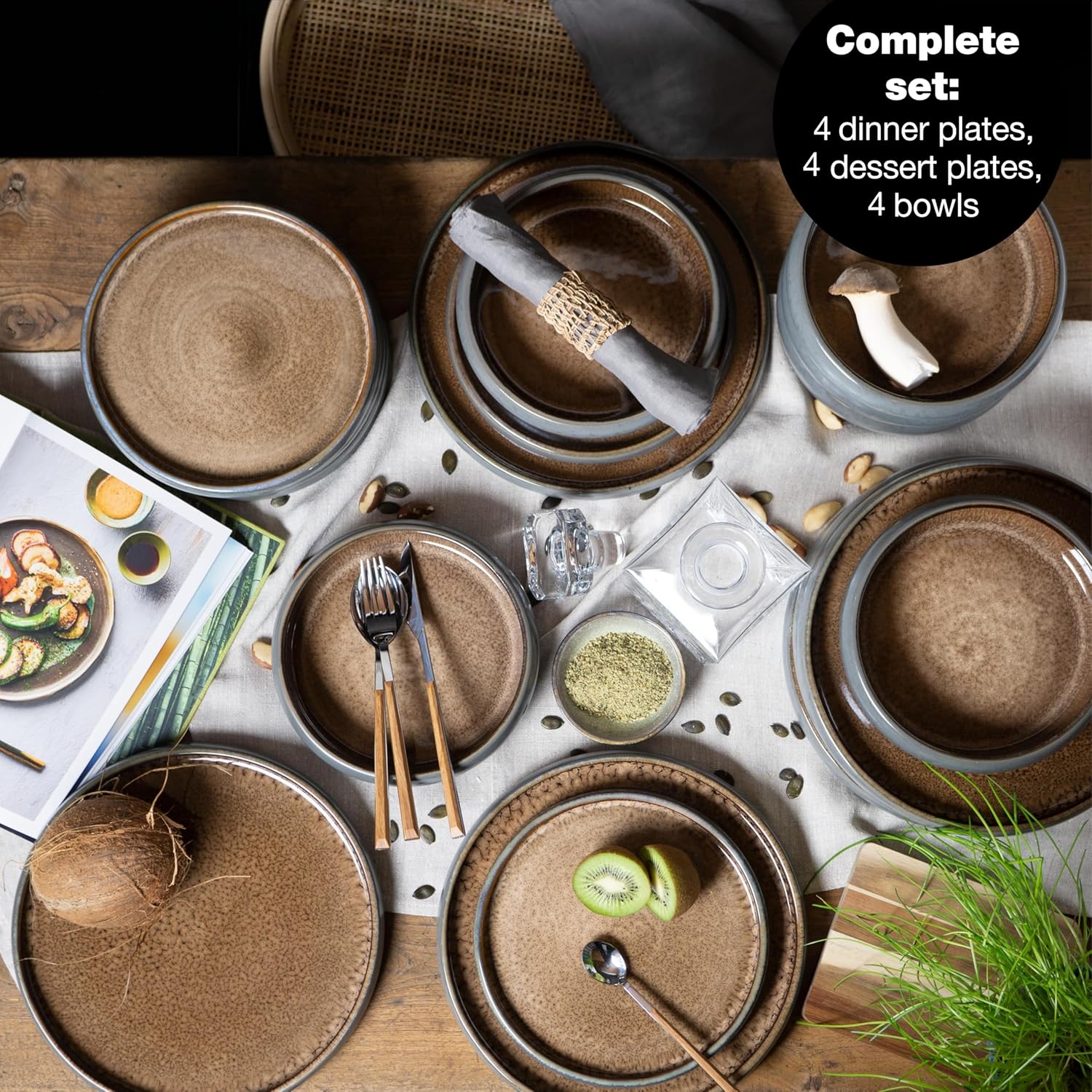 Solid 12-Piece Stoneware Dinnerware Set for 4 | Plate and Bowls Set with 4 Dinner Plates, Small Dessert Plates & Soup Bowls – Kitchen Dish Sets, Microwave & Dishwasher Safe, Brown