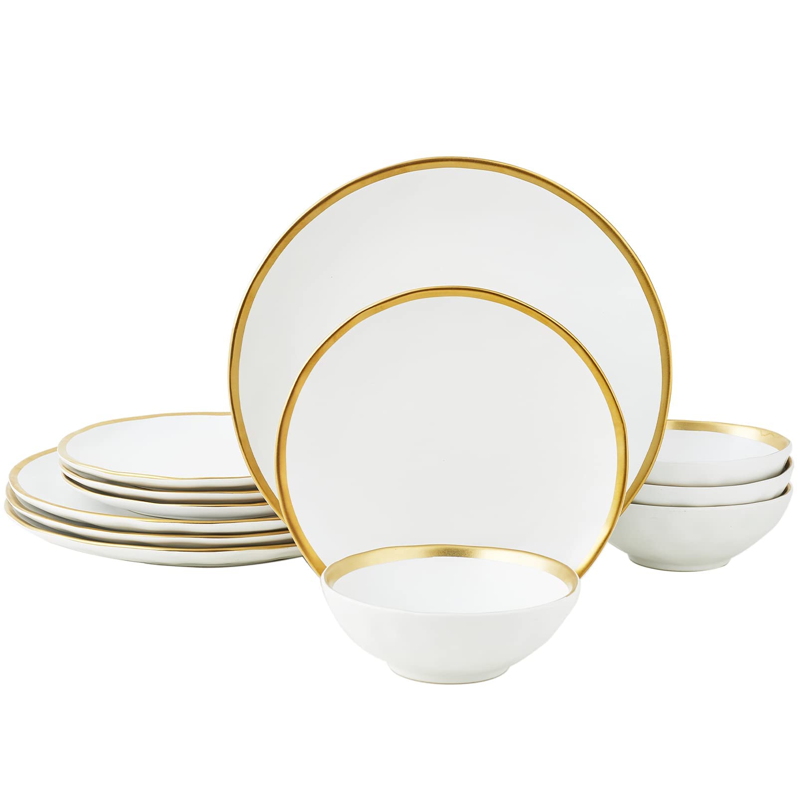 Porcelain Luxury Dinnerware Sets, Modern Plates and Bowls Sets for 4, Highly Chip and Crack Resistant, Grey and Gold Rim China Dishes Set for Wedding Anniversary