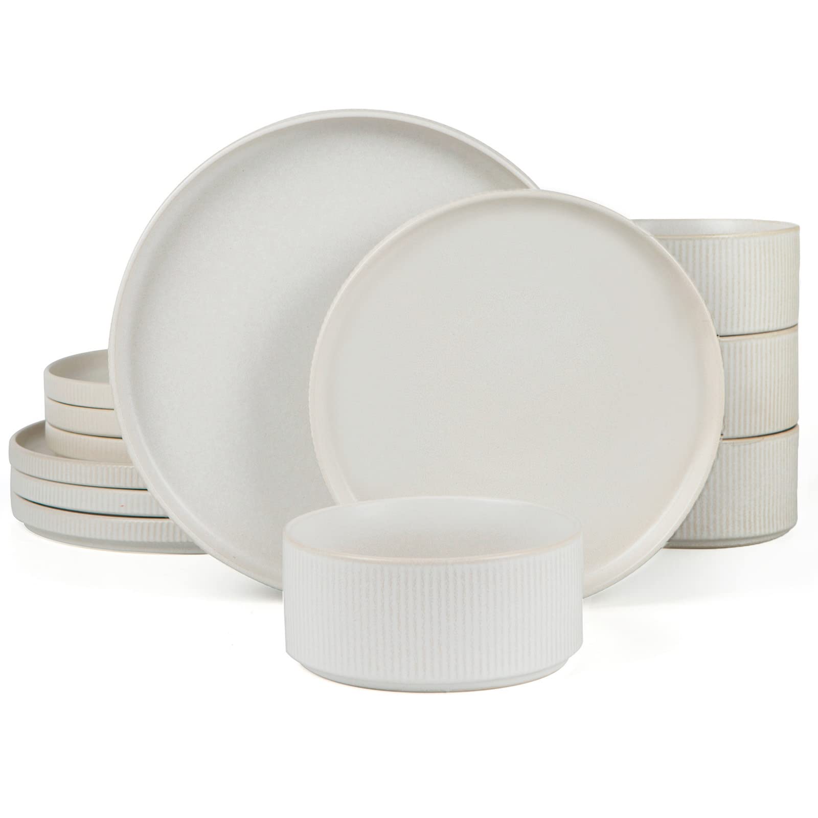 Famiware Star Dinnerware Sets, Plates and Bowls Set for 4, 12 Pieces Ribbed Dishes - Chip and Scratch Resistant, Microwave and Dishwasher Safe Tableware, Smoky Blue