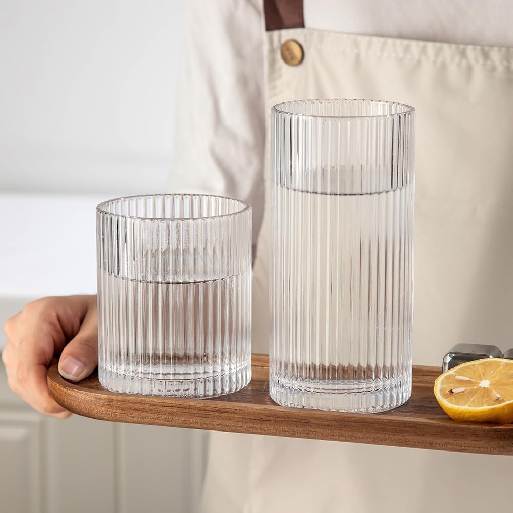 Ribbed Drinking Glasses 8pcs, 12oz and 10oz Glassware, Tumbler Glasses Cup Set for Wedding, Party, Christmas Gift, Clear