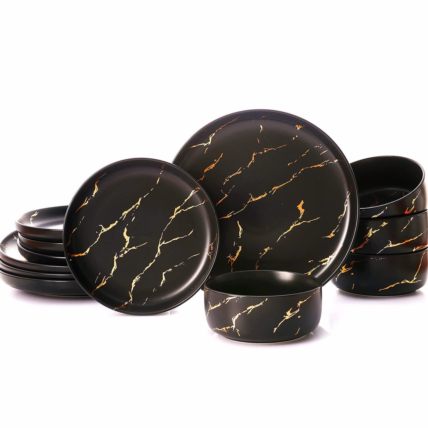 Porcelain Luxury Dinnerware Sets, Modern Plates and Bowls Sets for 4, Highly Chip and Crack Resistant, Grey and Gold Rim China Dishes Set for Wedding Anniversary