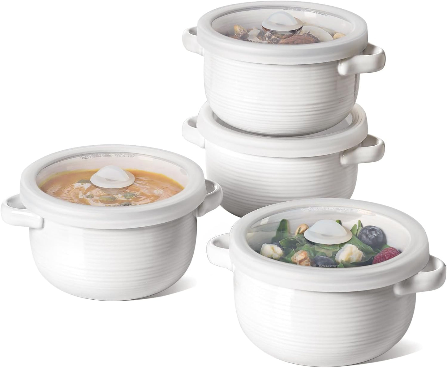 LE TAUCI Tazones de sopa con asas y tapas de silicona, cuencos de cerámica de 28 onzas de cebolla francesa, aptos para horno y microondas, para cereales, chiles y estofados, platos de sopa no tóxicos,