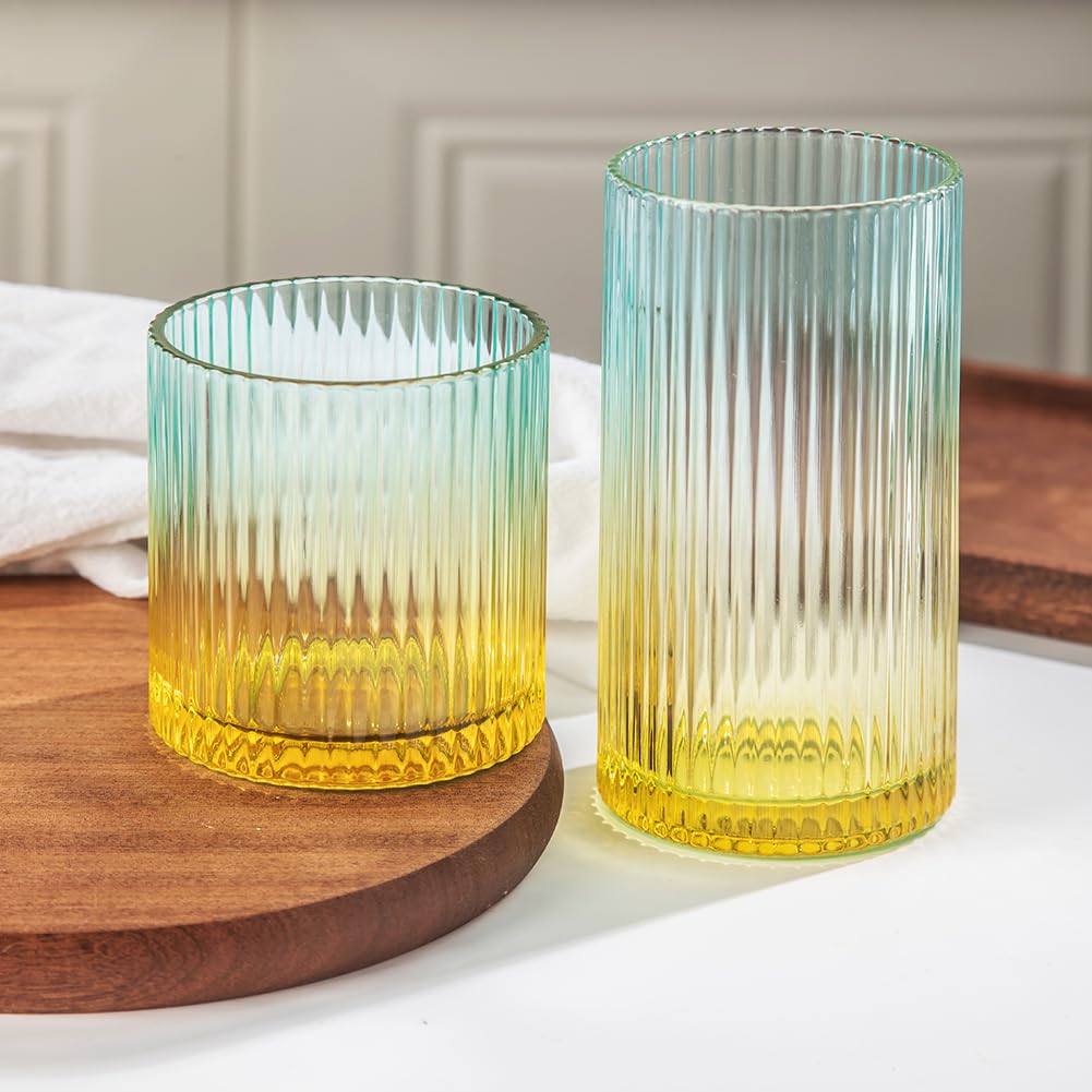 Ribbed Drinking Glasses 8pcs, 12oz and 10oz Glassware, Tumbler Glasses Cup Set for Wedding, Party, Christmas Gift, Clear