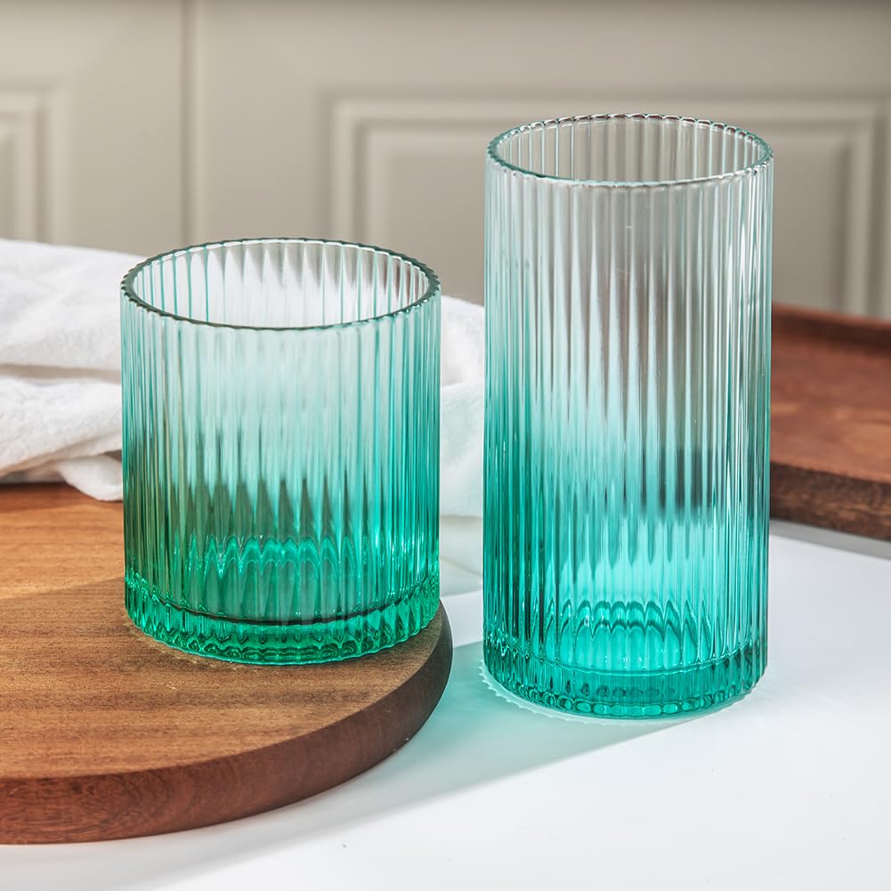 Ribbed Drinking Glasses 8pcs, 12oz and 10oz Glassware, Tumbler Glasses Cup Set for Wedding, Party, Christmas Gift, Clear