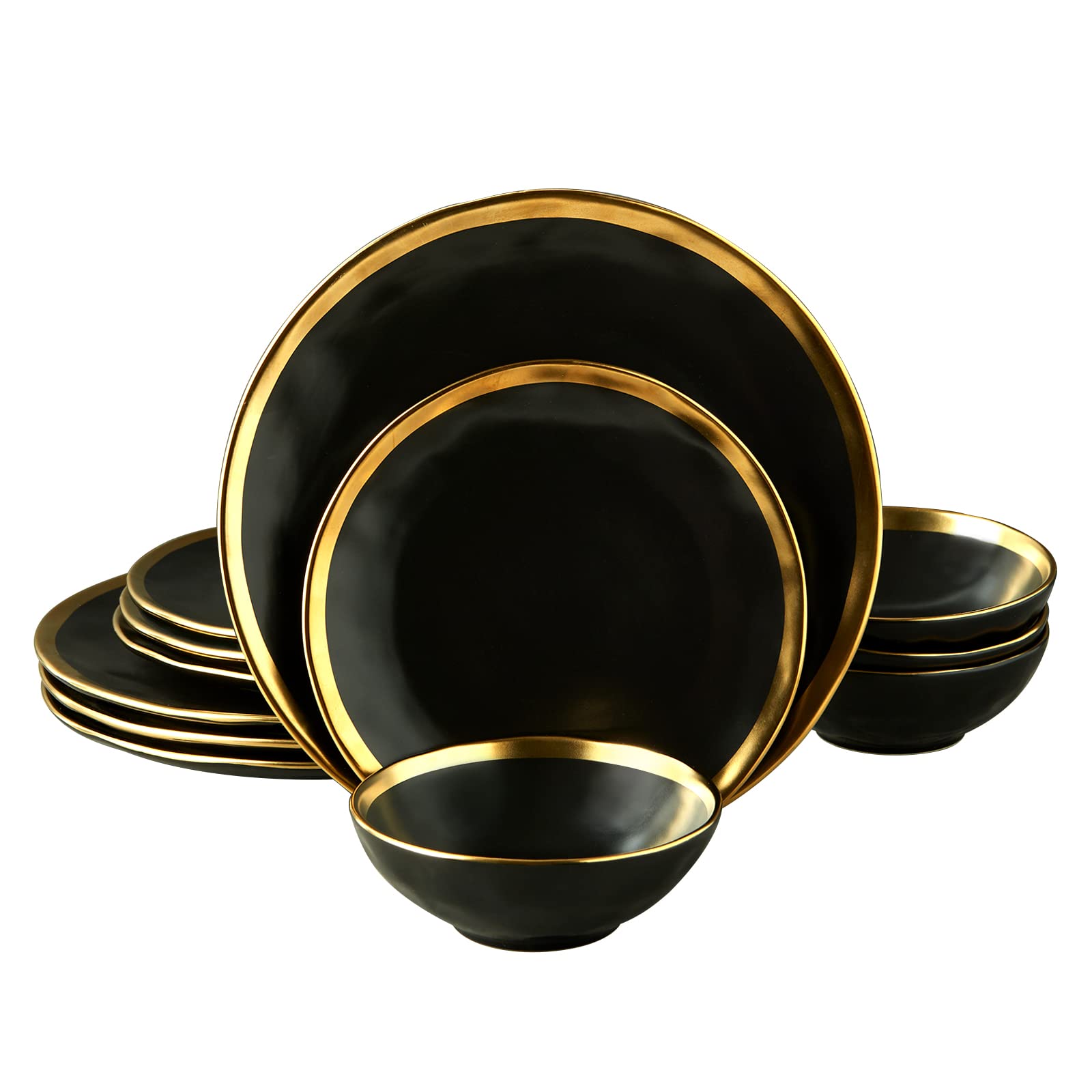 Porcelain Luxury Dinnerware Sets, Modern Plates and Bowls Sets for 4, Highly Chip and Crack Resistant, Grey and Gold Rim China Dishes Set for Wedding Anniversary
