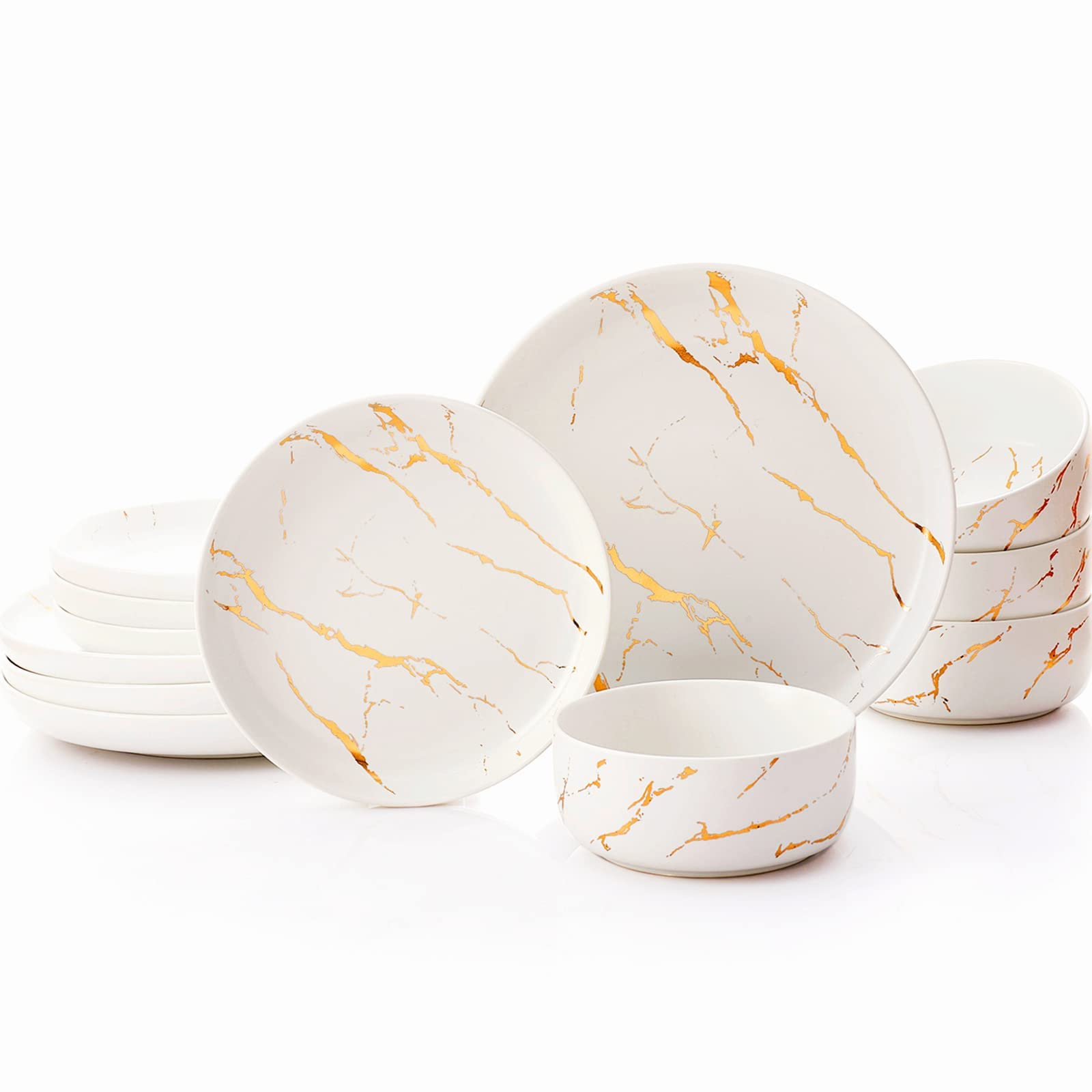 Porcelain Luxury Dinnerware Sets, Modern Plates and Bowls Sets for 4, Highly Chip and Crack Resistant, Grey and Gold Rim China Dishes Set for Wedding Anniversary