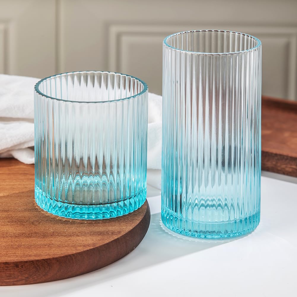Ribbed Drinking Glasses 8pcs, 12oz and 10oz Glassware, Tumbler Glasses Cup Set for Wedding, Party, Christmas Gift, Clear