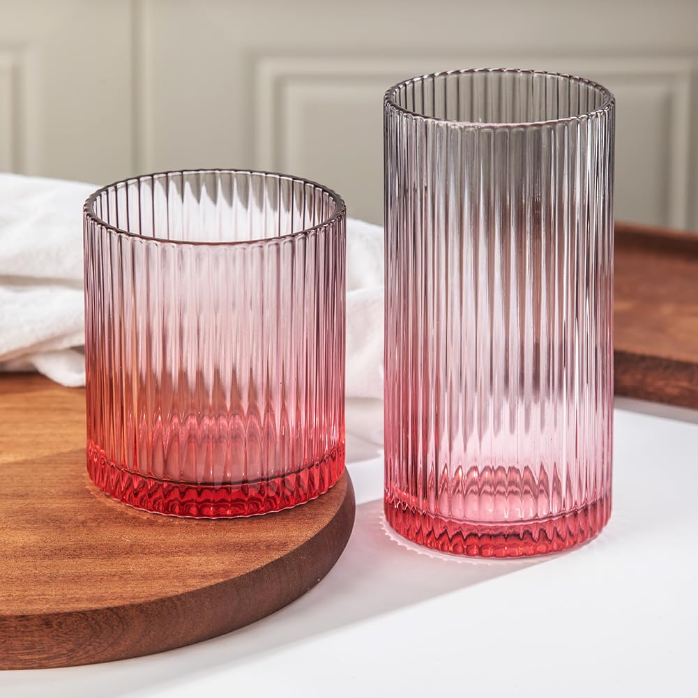 Ribbed Drinking Glasses 8pcs, 12oz and 10oz Glassware, Tumbler Glasses Cup Set for Wedding, Party, Christmas Gift, Clear