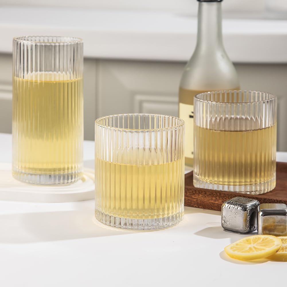 Ribbed Drinking Glasses 8pcs, 12oz and 10oz Glassware, Tumbler Glasses Cup Set for Wedding, Party, Christmas Gift, Clear