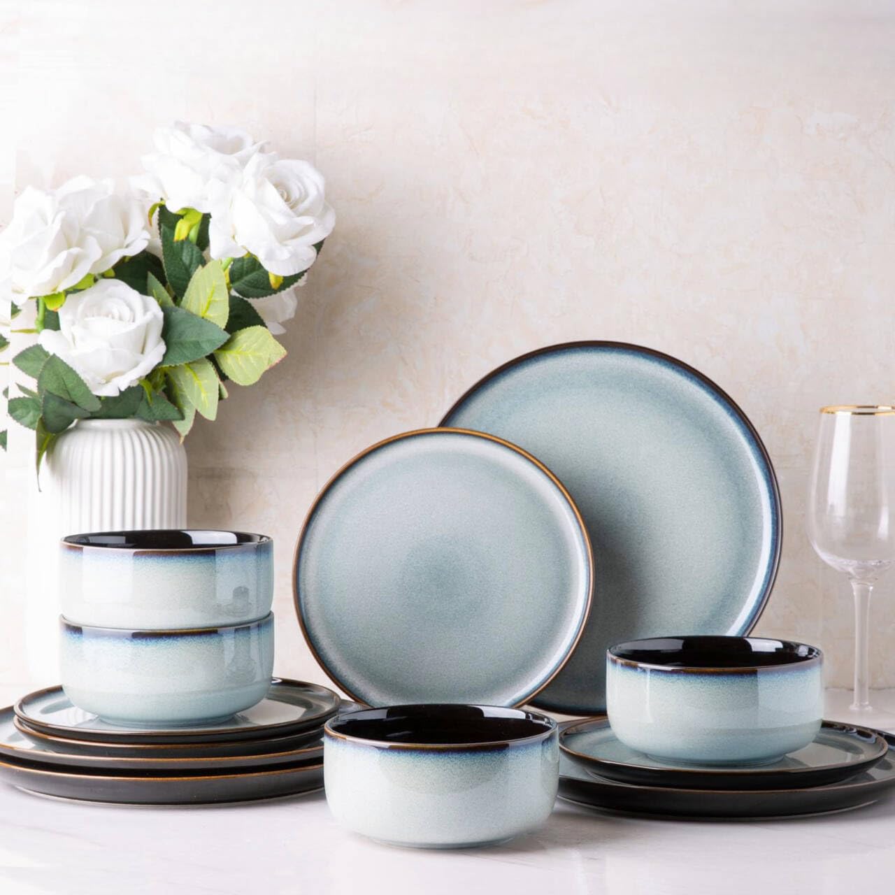 LeRatio Ceramic Dinnerware Sets for 4,12-Piece Plates and Bowls,Handmade Reactive Glaze Dishes Set,Chip Resistant and Scratch Resistant | Oven Dishwasher & Microwave Safe,Service for 4-Kahki