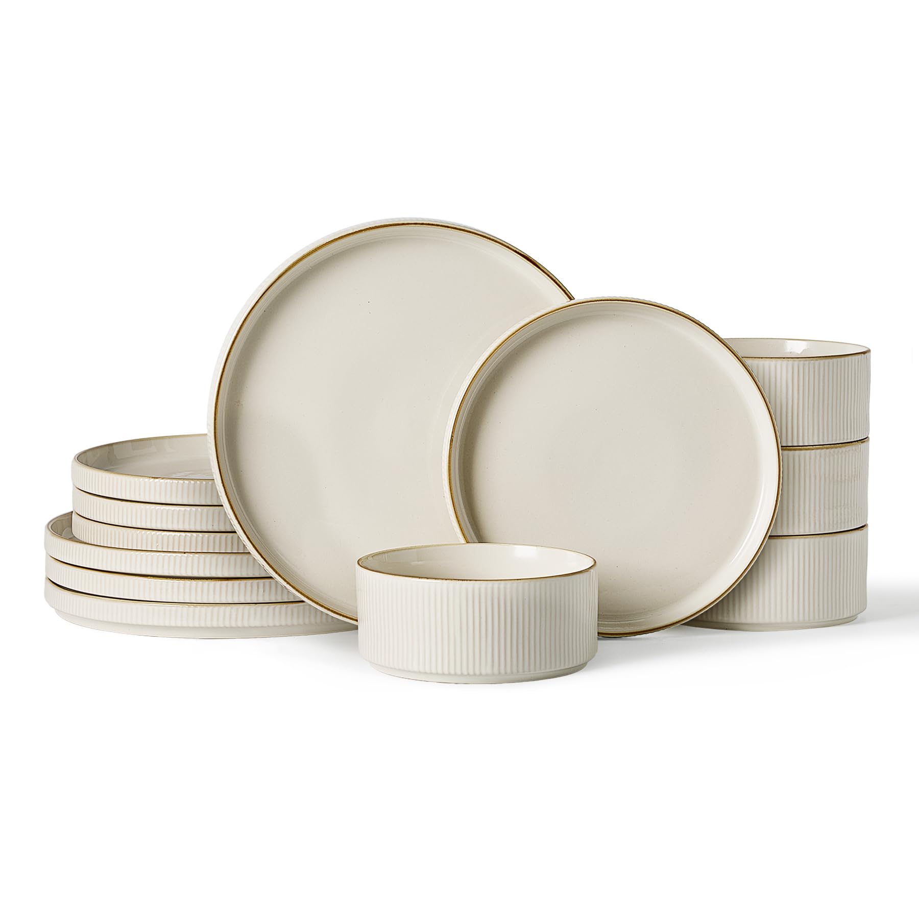 Famiware Star Dinnerware Sets, Plates and Bowls Set for 4, 12 Pieces Ribbed Dishes - Chip and Scratch Resistant, Microwave and Dishwasher Safe Tableware, Smoky Blue