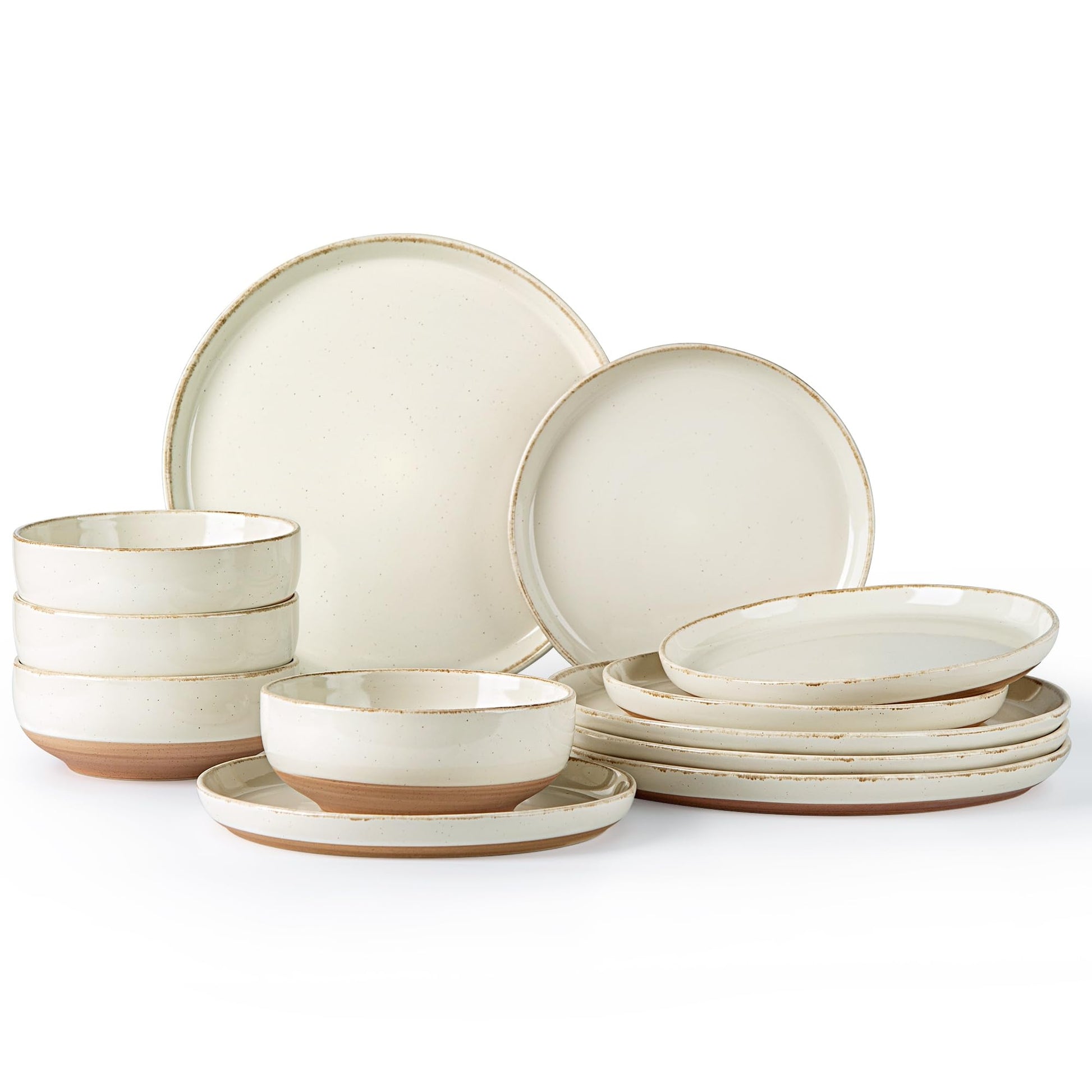 AmorArc Ceramic Dinnerware Sets for 4, 12 Pieces Handpainted Plates and Bowls Set with Rustic Terracotta Underside, Scratch Resistant Stoneware Dishes Set, Dishwasher & Microwave Safe, Gray