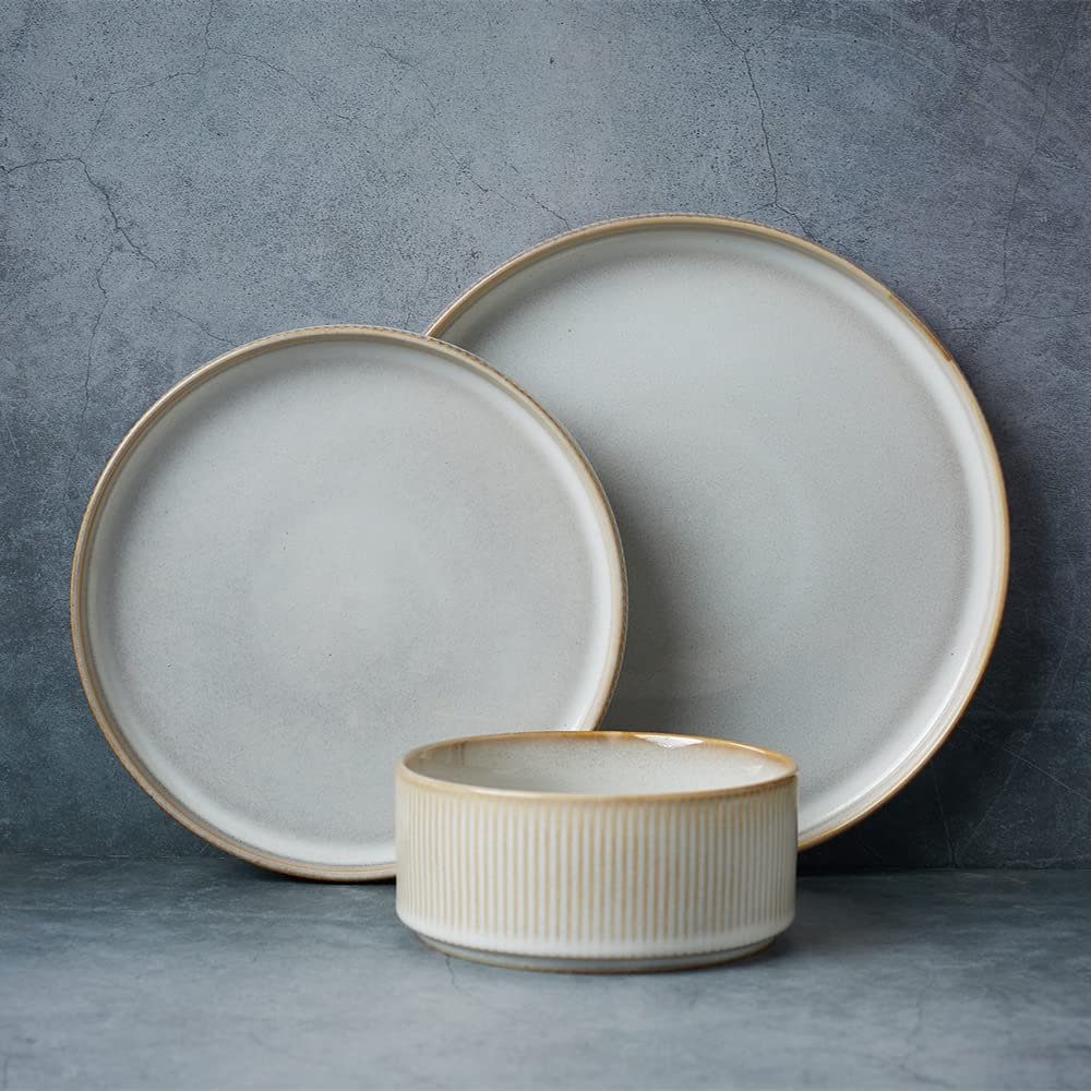 Famiware Star Dinnerware Sets, Plates and Bowls Set for 4, 12 Pieces Ribbed Dishes - Chip and Scratch Resistant, Microwave and Dishwasher Safe Tableware, Smoky Blue