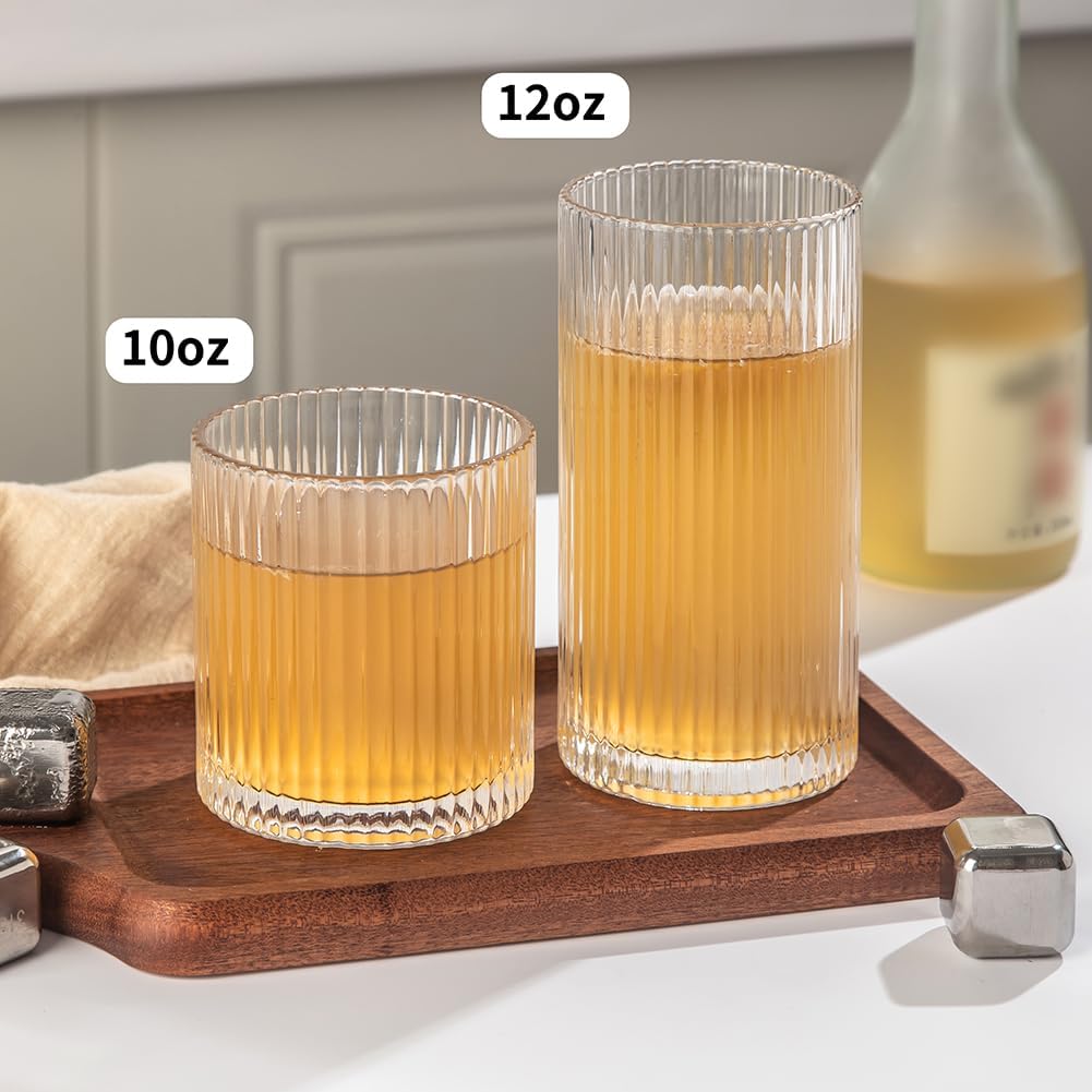 Ribbed Drinking Glasses 8pcs, 12oz and 10oz Glassware, Tumbler Glasses Cup Set for Wedding, Party, Christmas Gift, Clear