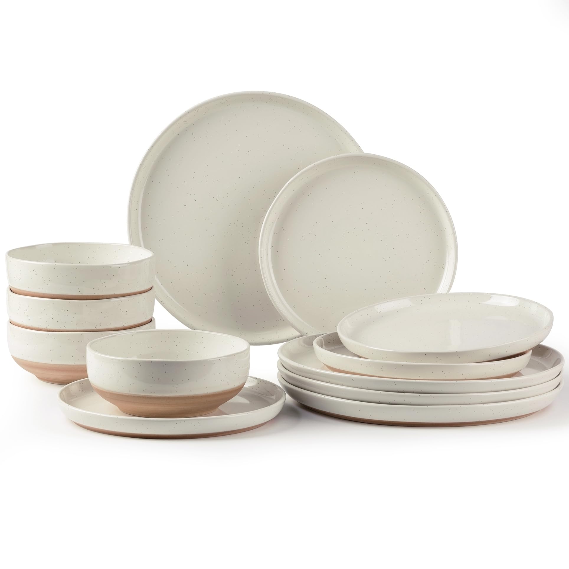 AmorArc Ceramic Dinnerware Sets for 4, 12 Pieces Handpainted Plates and Bowls Set with Rustic Terracotta Underside, Scratch Resistant Stoneware Dishes Set, Dishwasher & Microwave Safe, Gray