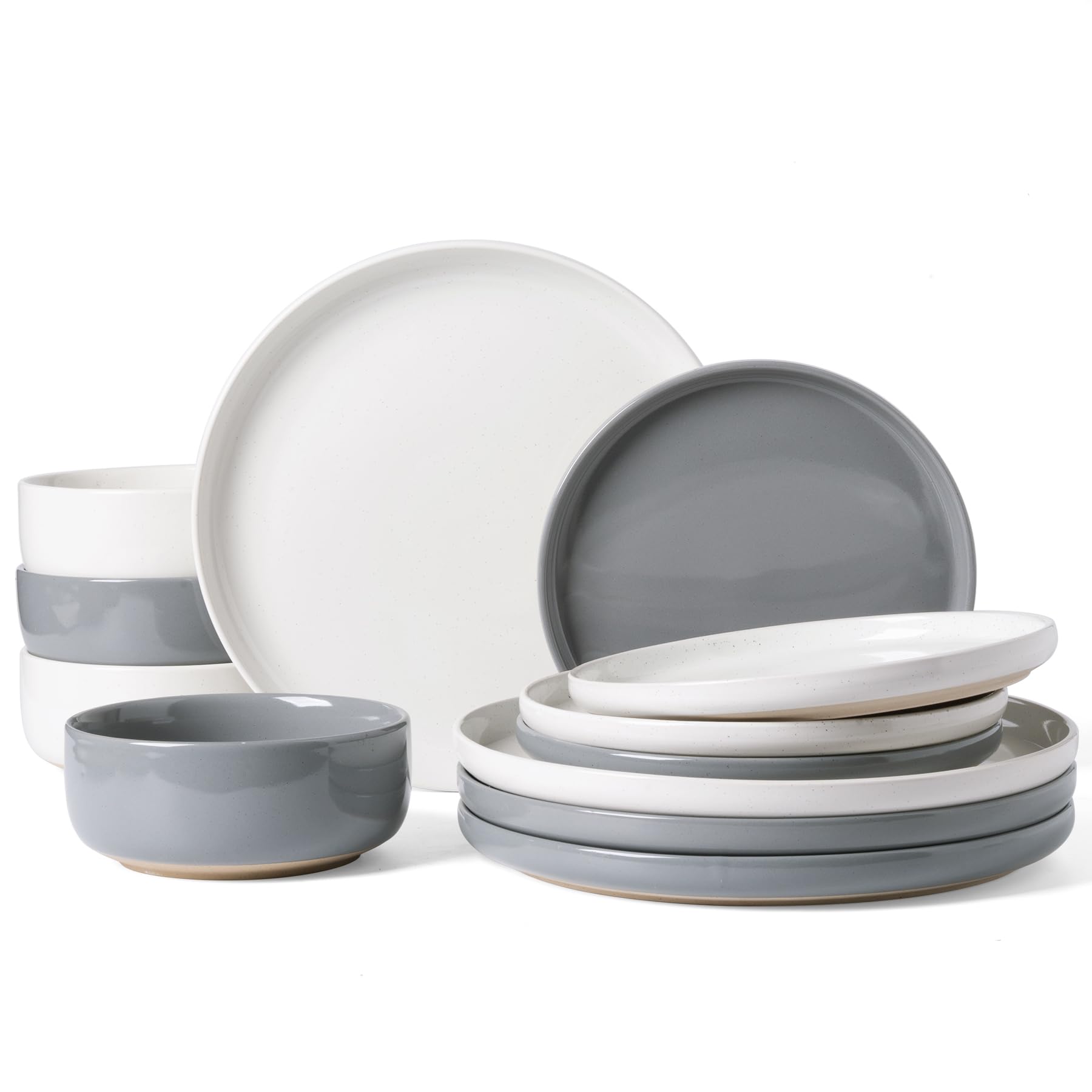 Famiware Milkyway Plates and Bowls Set, 12 Pieces Dinnerware Sets, Dishes Set for 4, Light Gray