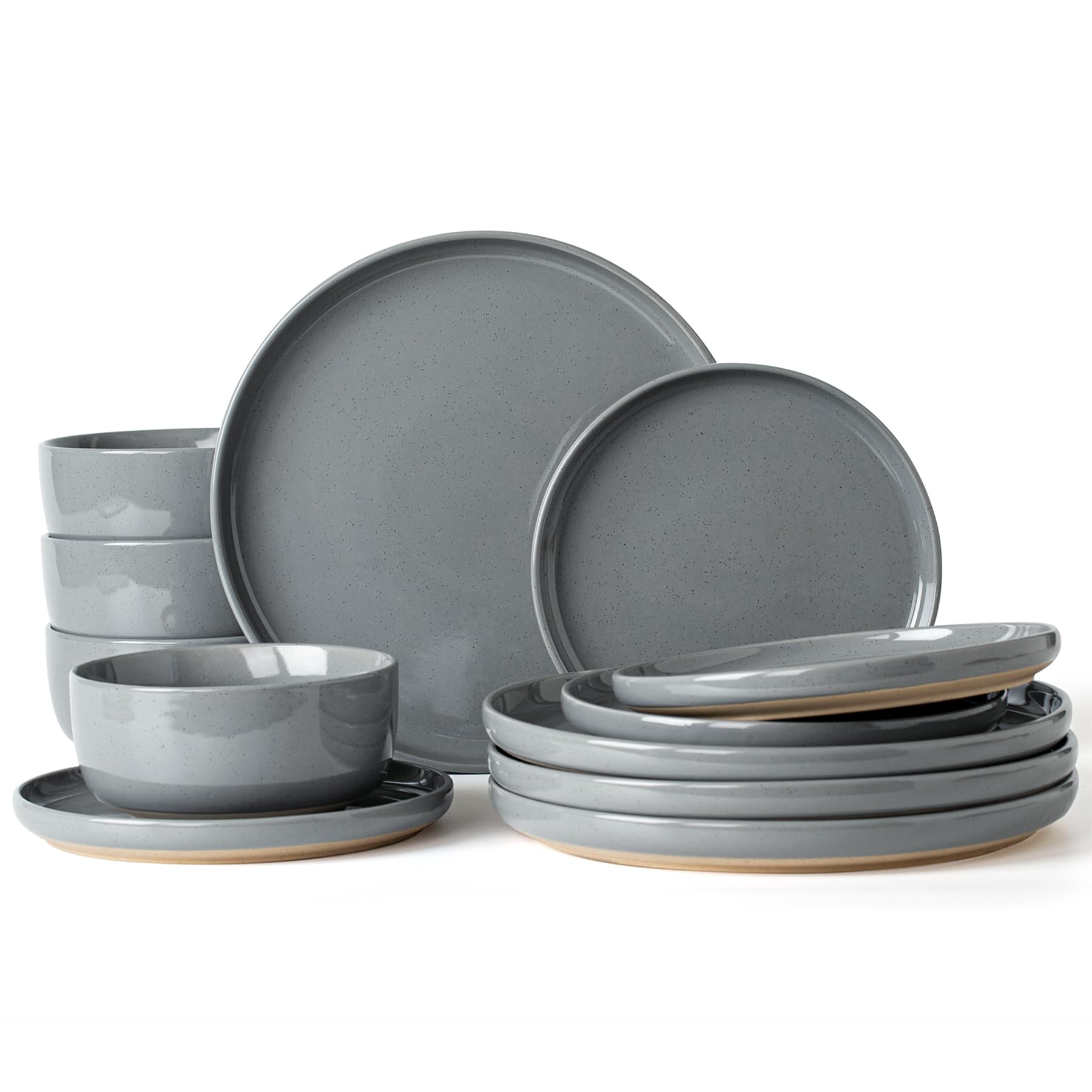 Famiware Milkyway Plates and Bowls Set, 12 Pieces Dinnerware Sets, Dishes Set for 4, Light Gray