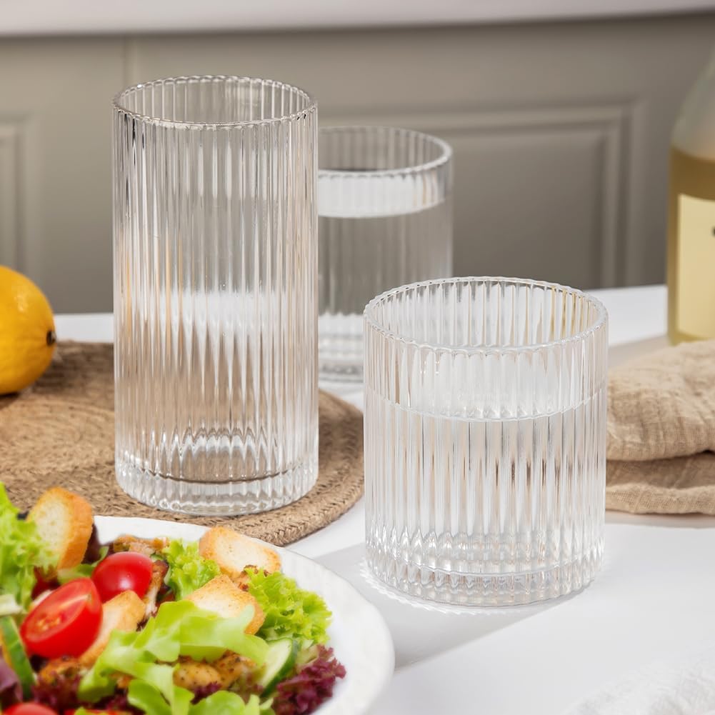 Ribbed Drinking Glasses 8pcs, 12oz and 10oz Glassware, Tumbler Glasses Cup Set for Wedding, Party, Christmas Gift, Clear