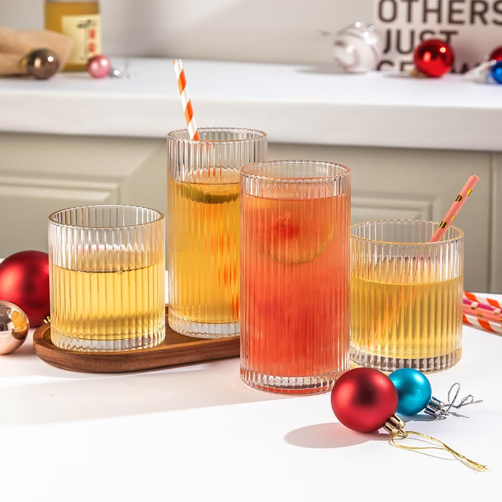 Ribbed Drinking Glasses 8pcs, 12oz and 10oz Glassware, Tumbler Glasses Cup Set for Wedding, Party, Christmas Gift, Clear