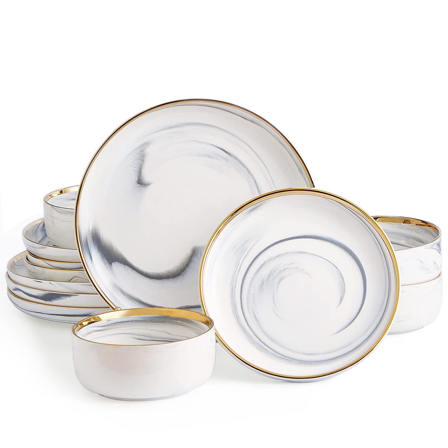 Porcelain Luxury Dinnerware Sets, Modern Plates and Bowls Sets for 4, Highly Chip and Crack Resistant, Grey and Gold Rim China Dishes Set for Wedding Anniversary