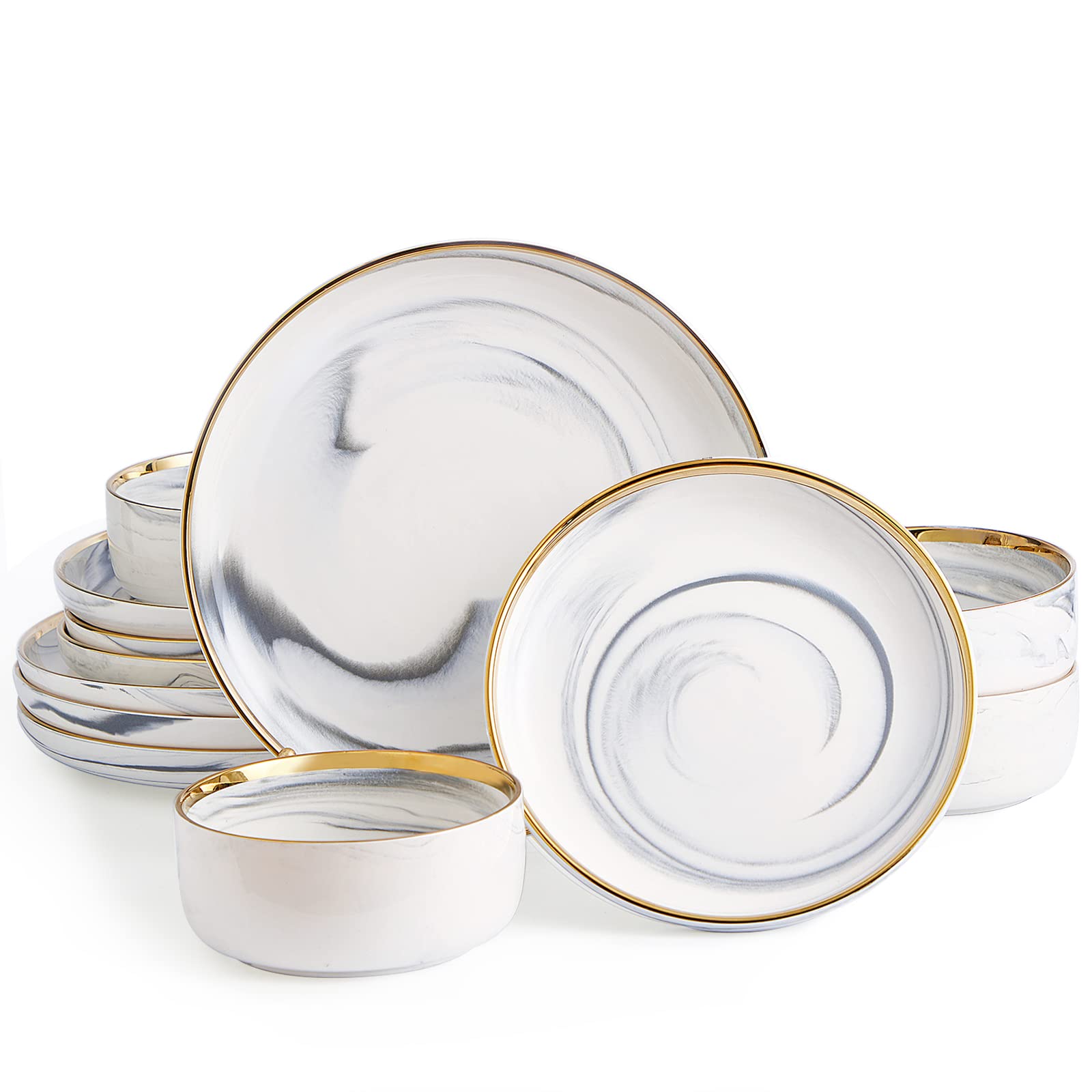 Porcelain Luxury Dinnerware Sets, Modern Plates and Bowls Sets for 4, Highly Chip and Crack Resistant, Grey and Gold Rim China Dishes Set for Wedding Anniversary