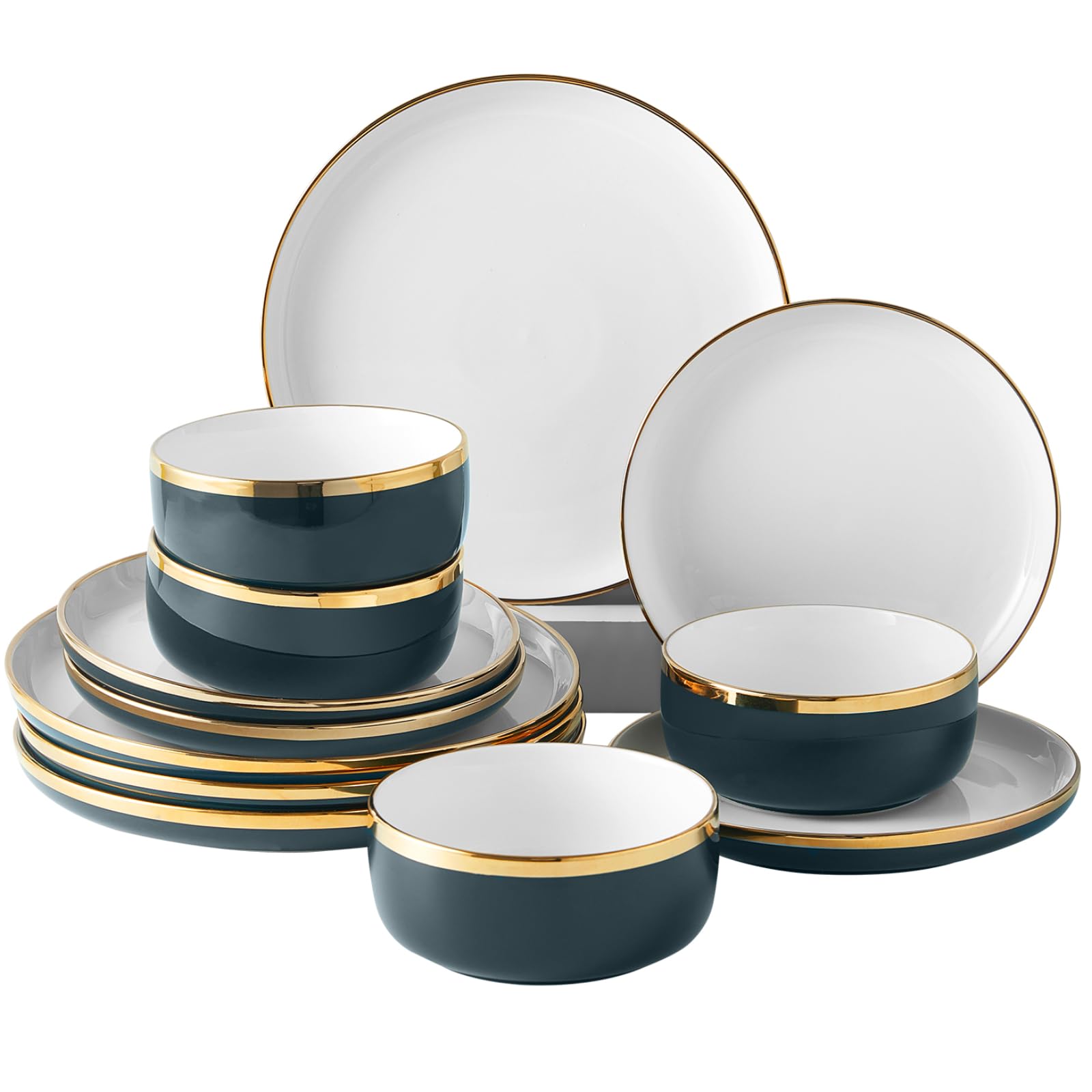 Porcelain Luxury Dinnerware Sets, Modern Plates and Bowls Sets for 4, Highly Chip and Crack Resistant, Grey and Gold Rim China Dishes Set for Wedding Anniversary
