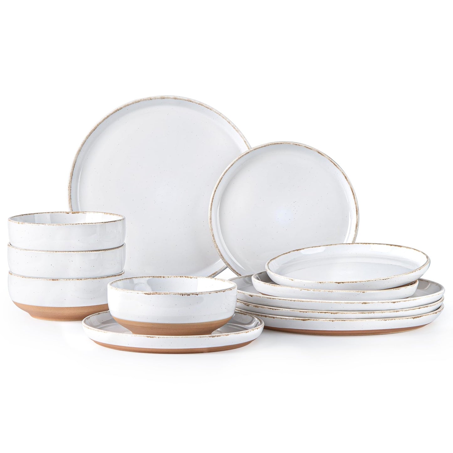 AmorArc Ceramic Dinnerware Sets for 4, 12 Pieces Handpainted Plates and Bowls Set with Rustic Terracotta Underside, Scratch Resistant Stoneware Dishes Set, Dishwasher & Microwave Safe, Gray