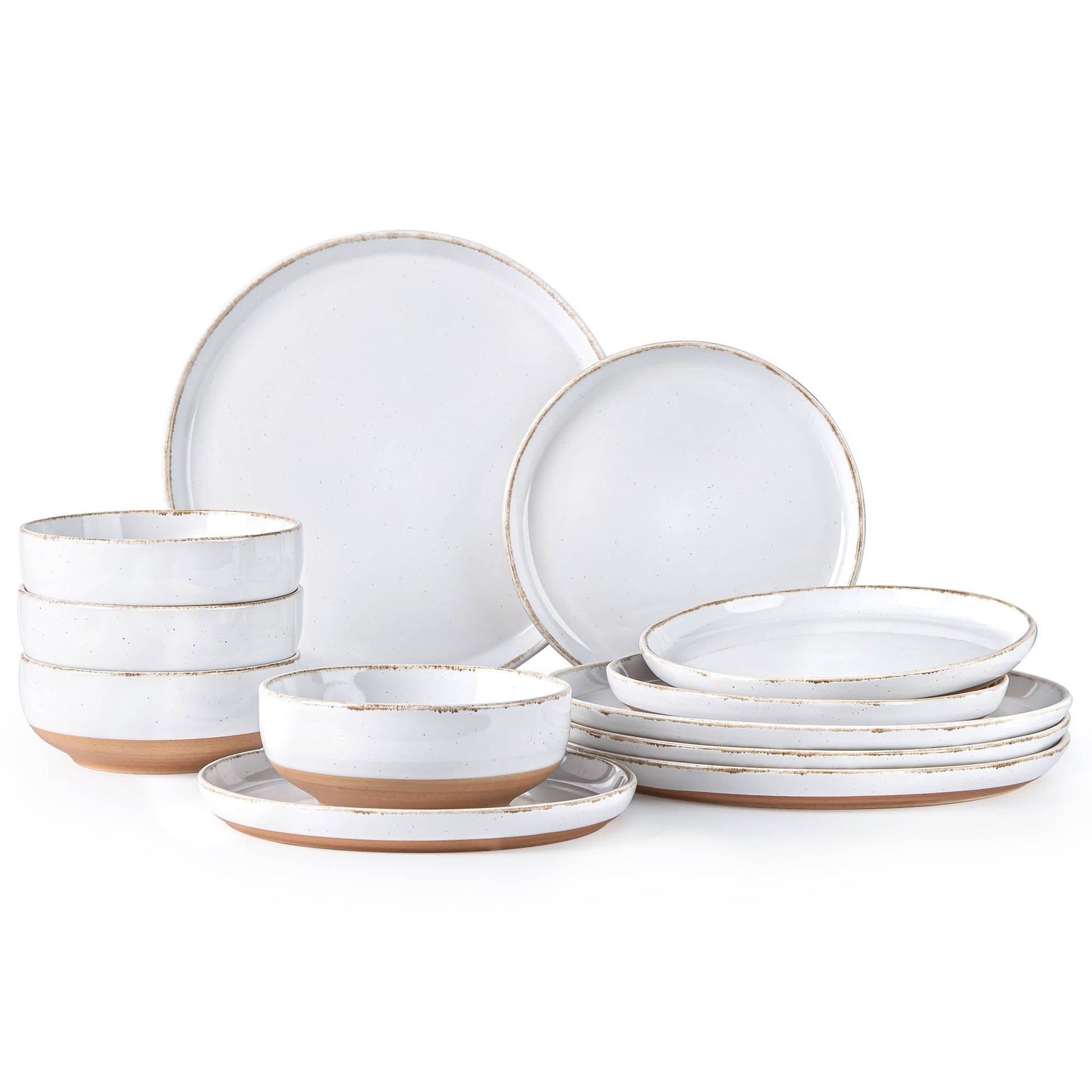 AmorArc Ceramic Dinnerware Sets for 4, 12 Pieces Handpainted Plates and Bowls Set with Rustic Terracotta Underside, Scratch Resistant Stoneware Dishes Set, Dishwasher & Microwave Safe, Gray