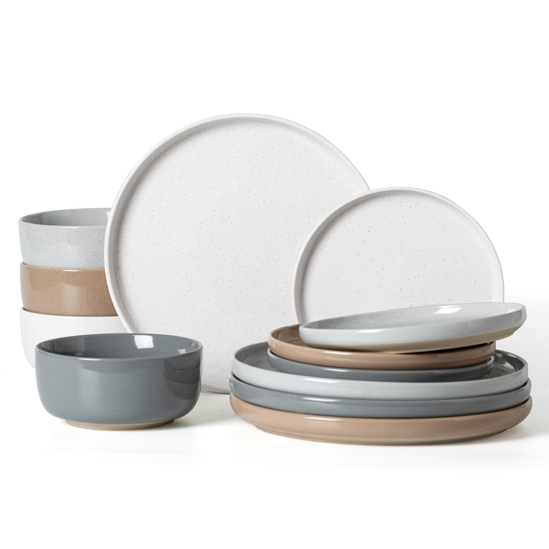 Famiware Milkyway Plates and Bowls Set, 12 Pieces Dinnerware Sets, Dishes Set for 4, Light Gray