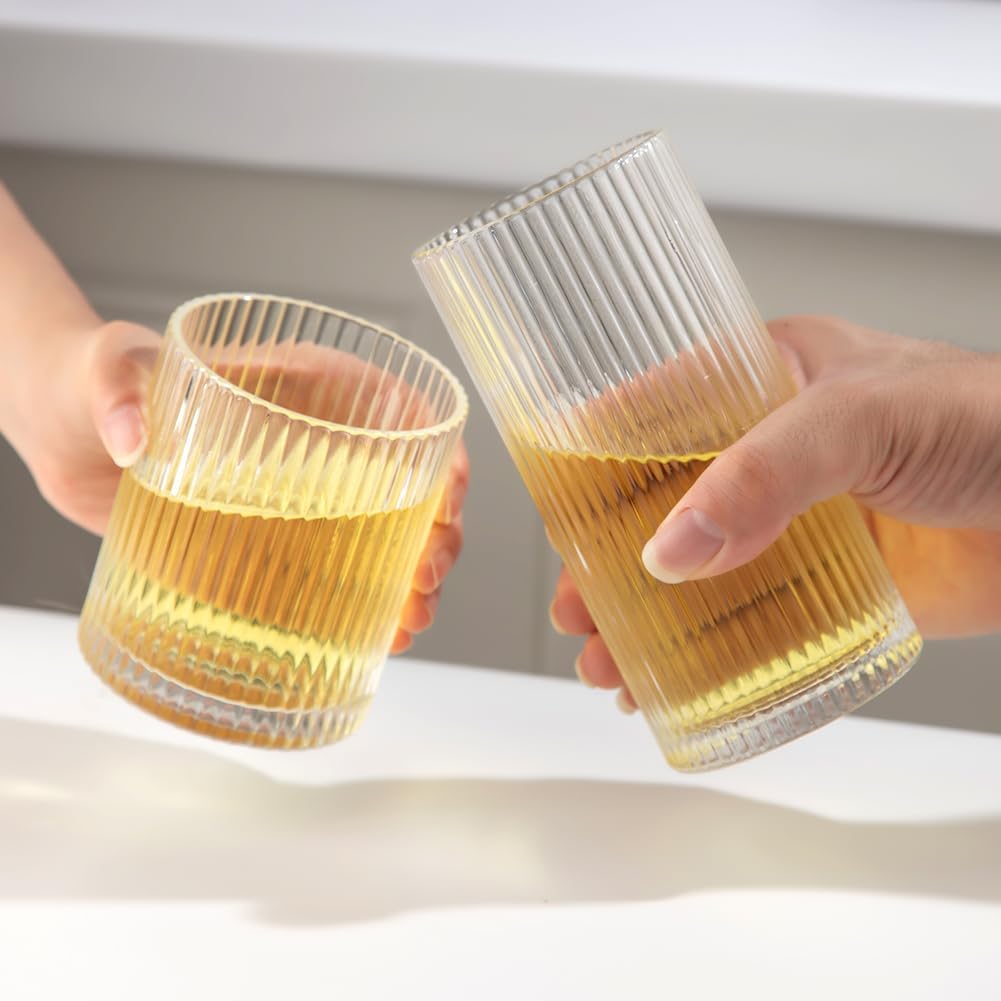 Ribbed Drinking Glasses 8pcs, 12oz and 10oz Glassware, Tumbler Glasses Cup Set for Wedding, Party, Christmas Gift, Clear