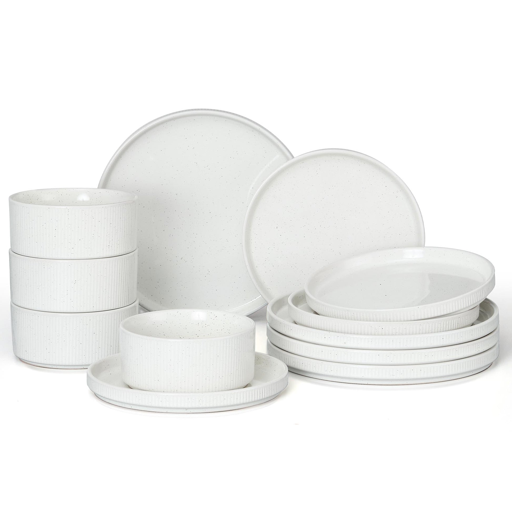 E-far 12-Piece Plates and Bowls Sets, Stoneware Dinnerware Dishes Sets for 4, Kitchen Modern Dining Dishware, Chip & Scratch Resistant, Microwave & Dishwasher Safe, Creamy Beige