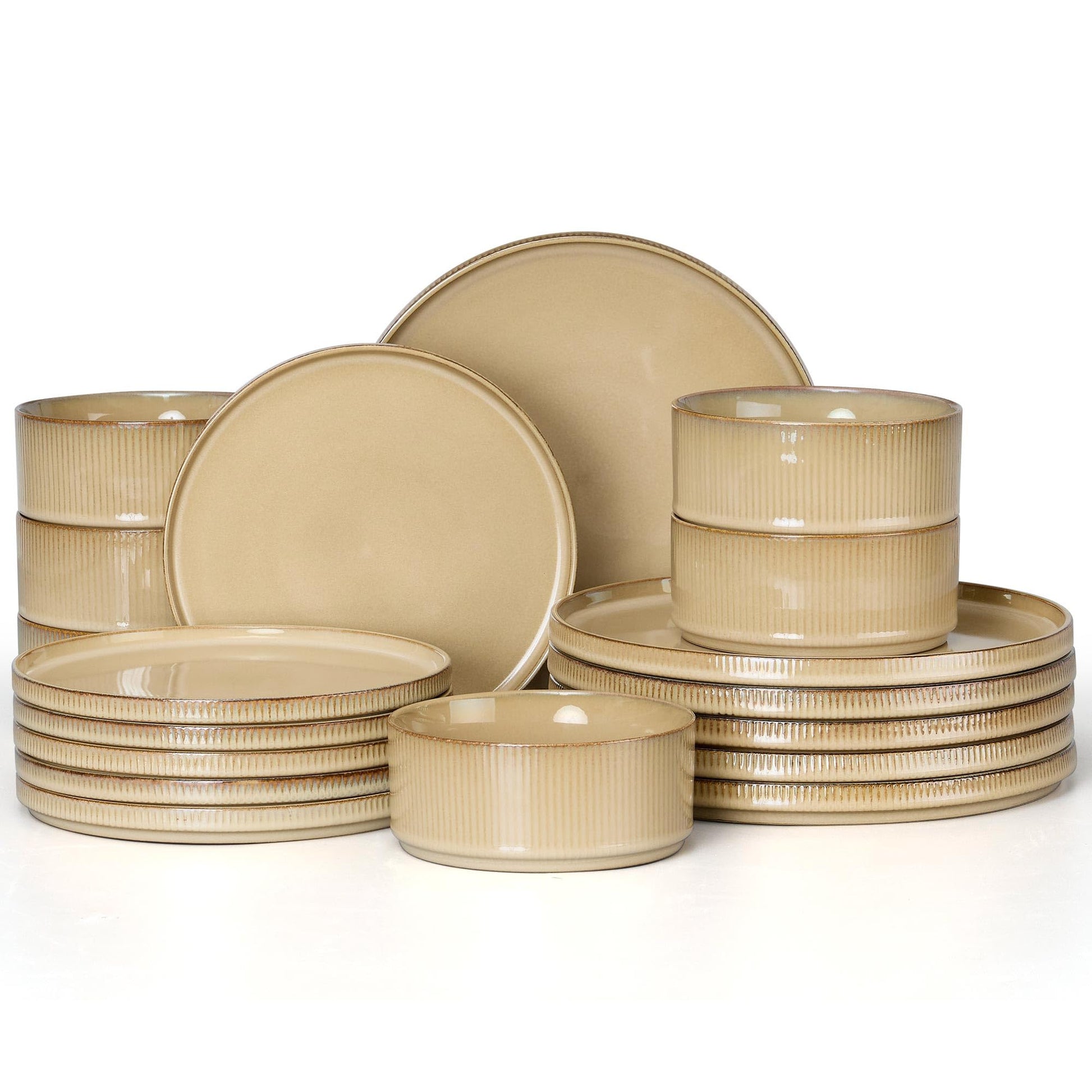 E-far 12-Piece Plates and Bowls Sets, Stoneware Dinnerware Dishes Sets for 4, Kitchen Modern Dining Dishware, Chip & Scratch Resistant, Microwave & Dishwasher Safe, Creamy Beige