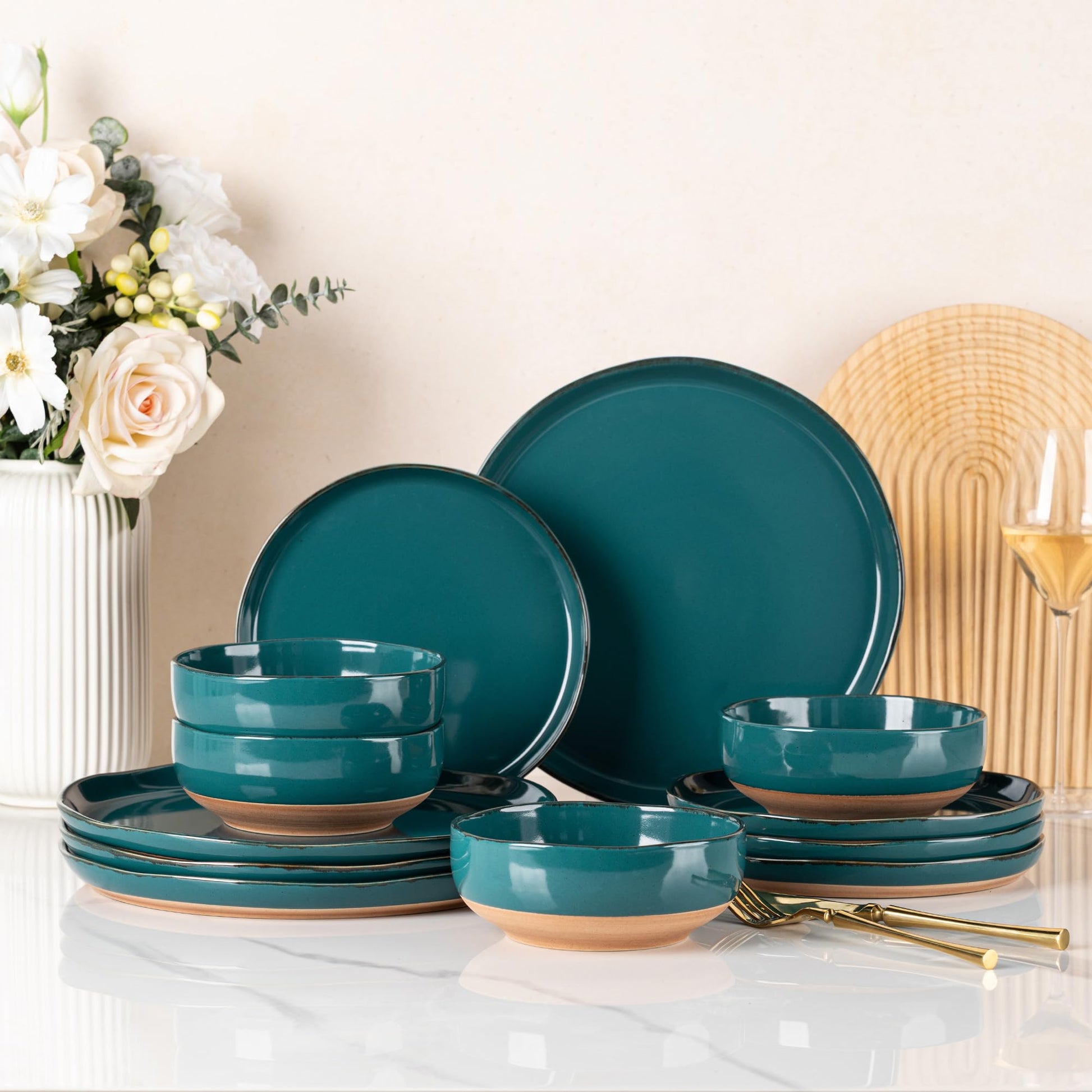 AmorArc Ceramic Dinnerware Sets for 4, 12 Pieces Handpainted Plates and Bowls Set with Rustic Terracotta Underside, Scratch Resistant Stoneware Dishes Set, Dishwasher & Microwave Safe, Gray