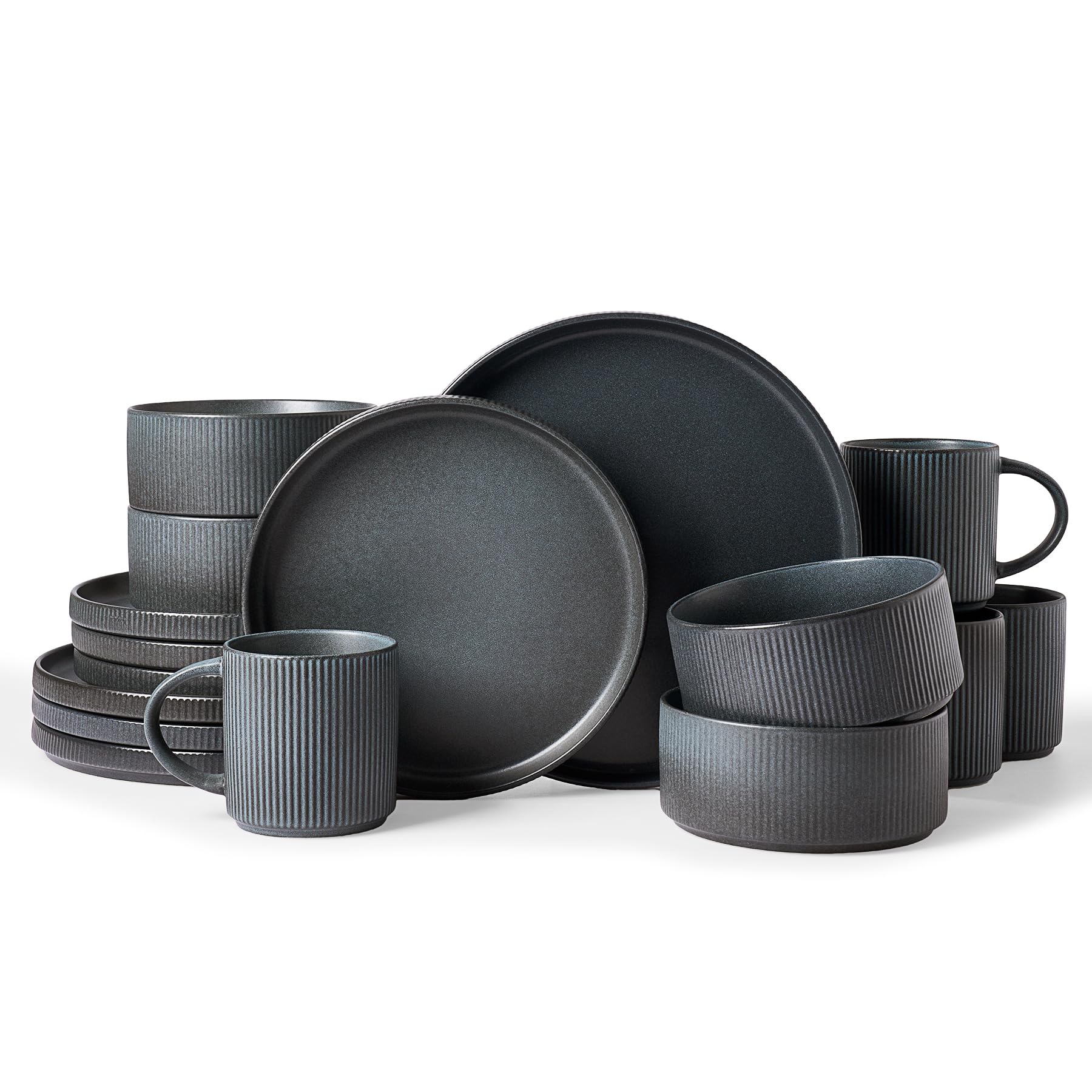 Famiware Star Dinnerware Sets, Plates and Bowls Set for 4, 12 Pieces Ribbed Dishes - Chip and Scratch Resistant, Microwave and Dishwasher Safe Tableware, Smoky Blue